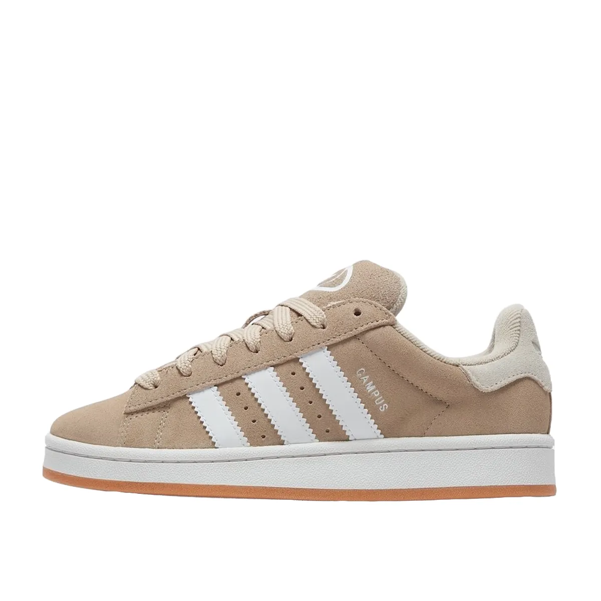 Adidas Campus 00 Wonder Beige sneakers, side view, model JI4461, in beige with white stripes.