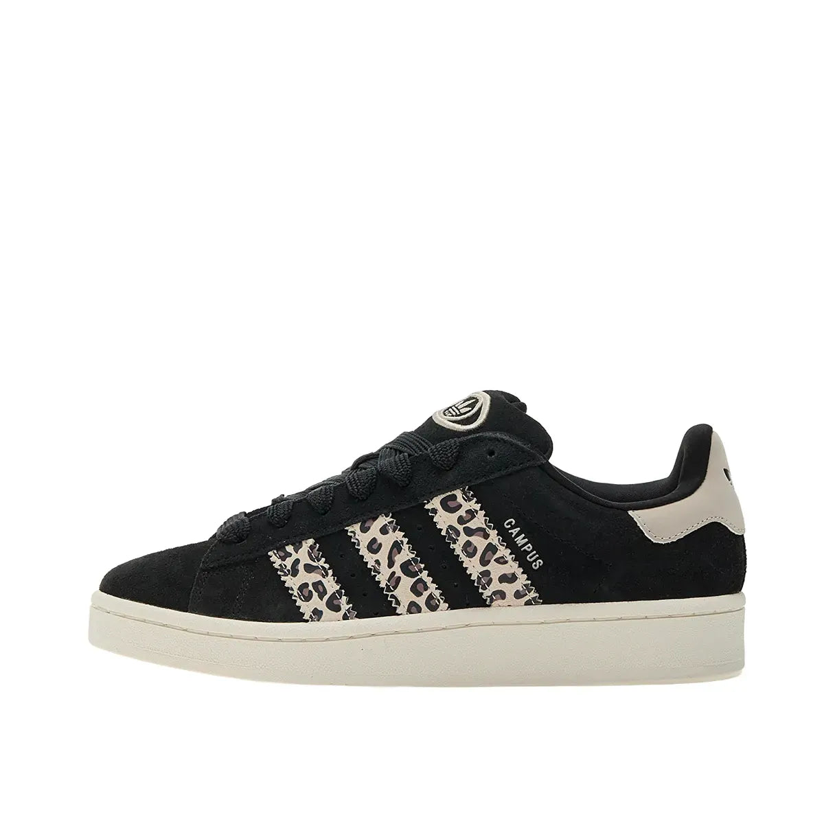 Adidas Campus 00s sneakers, side view, model ID7039, in black with leopard stripes.