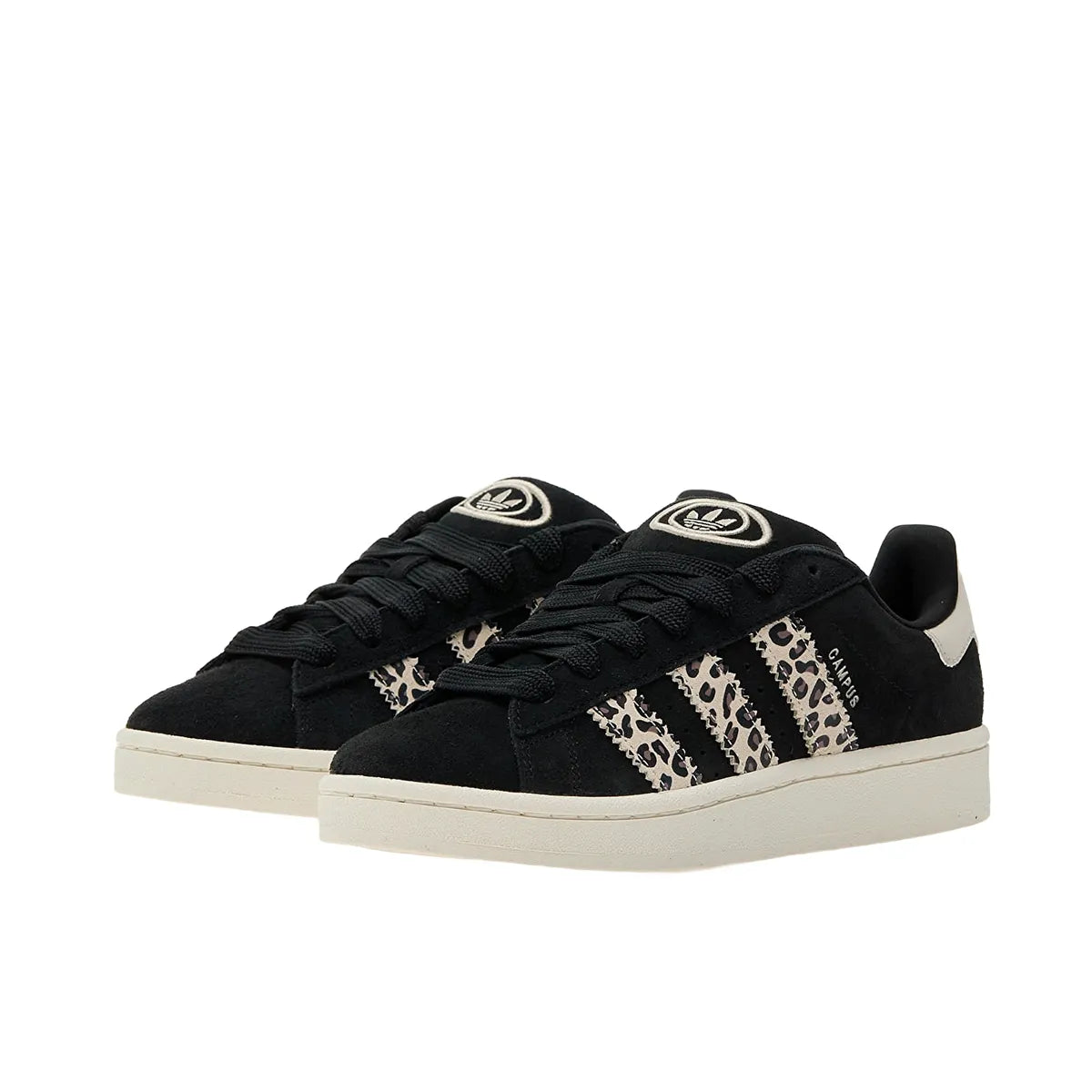 Adidas Campus 00s sneakers, front view, model ID7039, in black with leopard stripes.