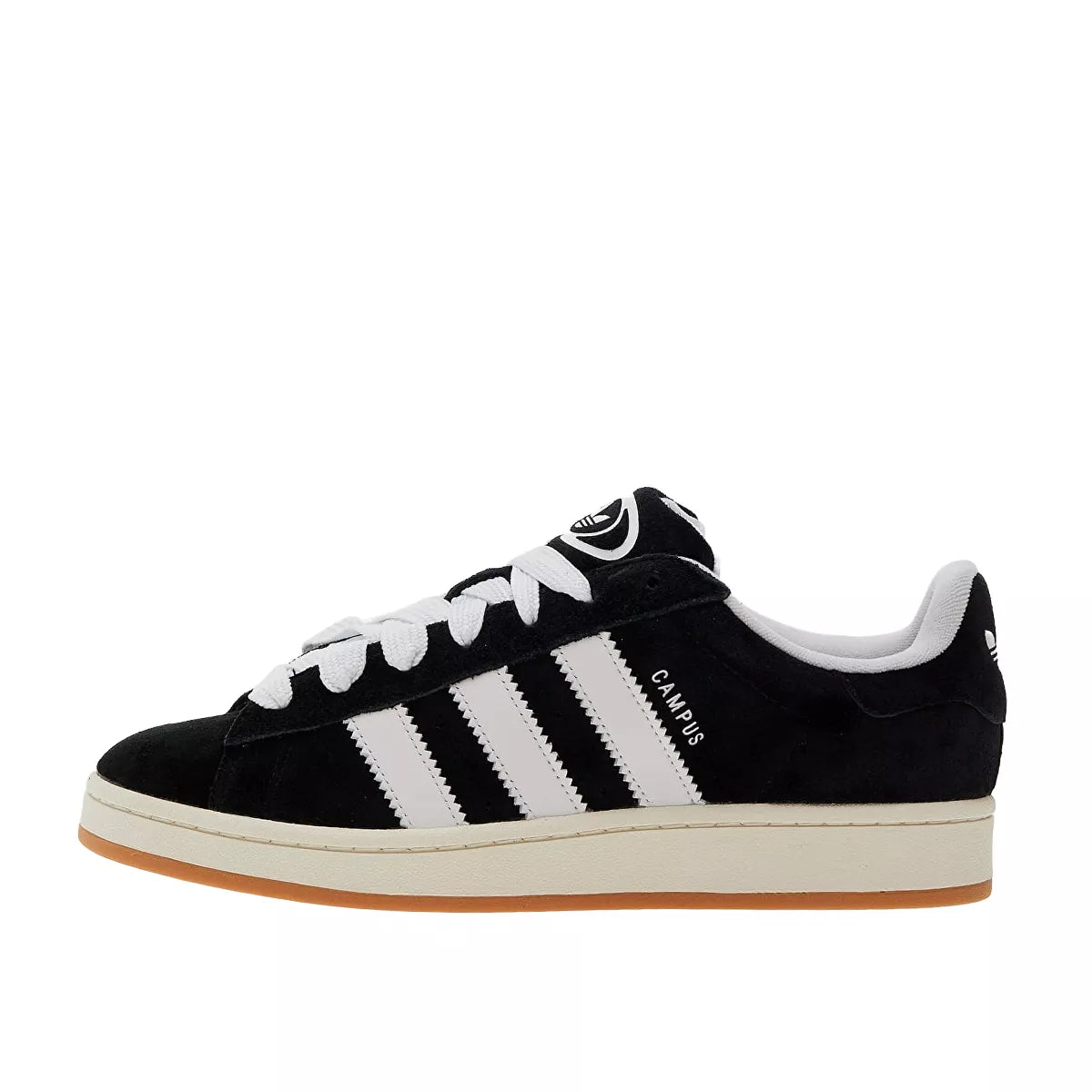 Adidas Campus 00s Core Black sneakers, side view, model HQ8708, black suede upper.
