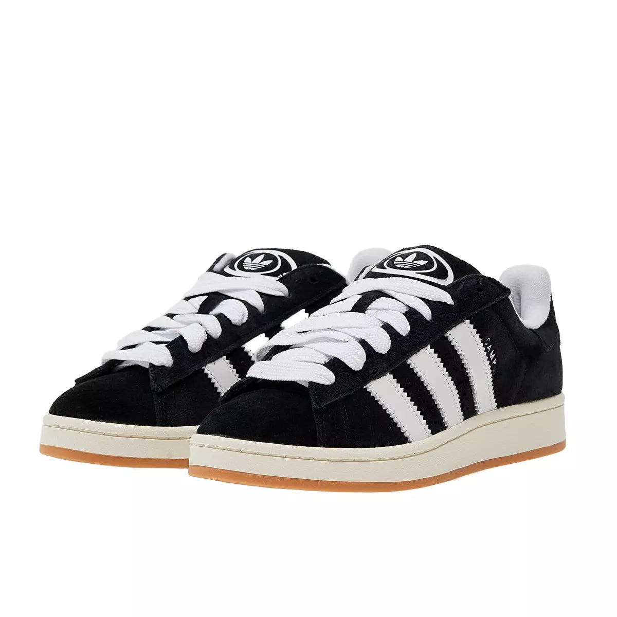 Adidas Campus 00s Core Black sneakers, front view, model HQ8708, black suede upper.

