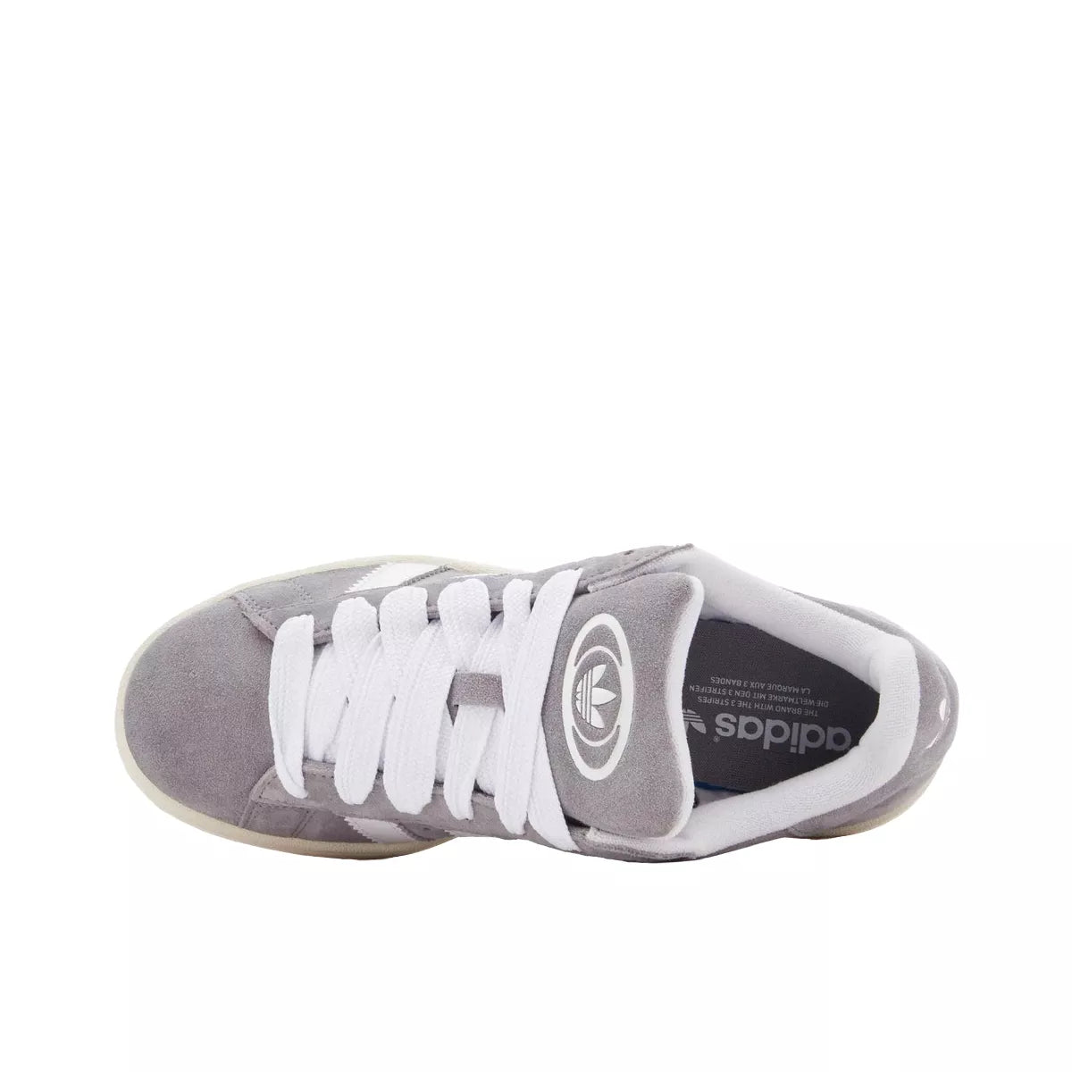 Adidas Campus 00s Grey White sneakers, top view, model HQ8707, grey and white.