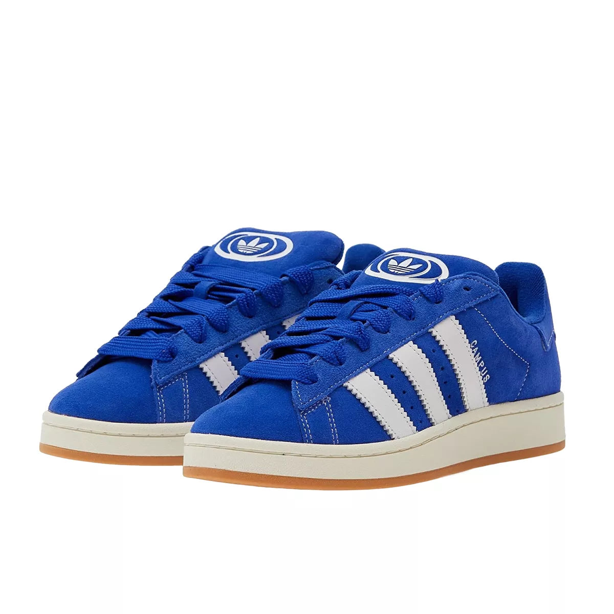 Adidas Campus 00s, front view, unisex model H03471, Semi Lucid Blue with Cloud White, chunky sole.