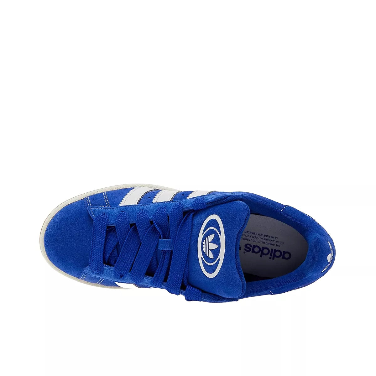 Adidas Campus 00s, top view, unisex model H03471, Semi Lucid Blue with Cloud White, chunky sole.