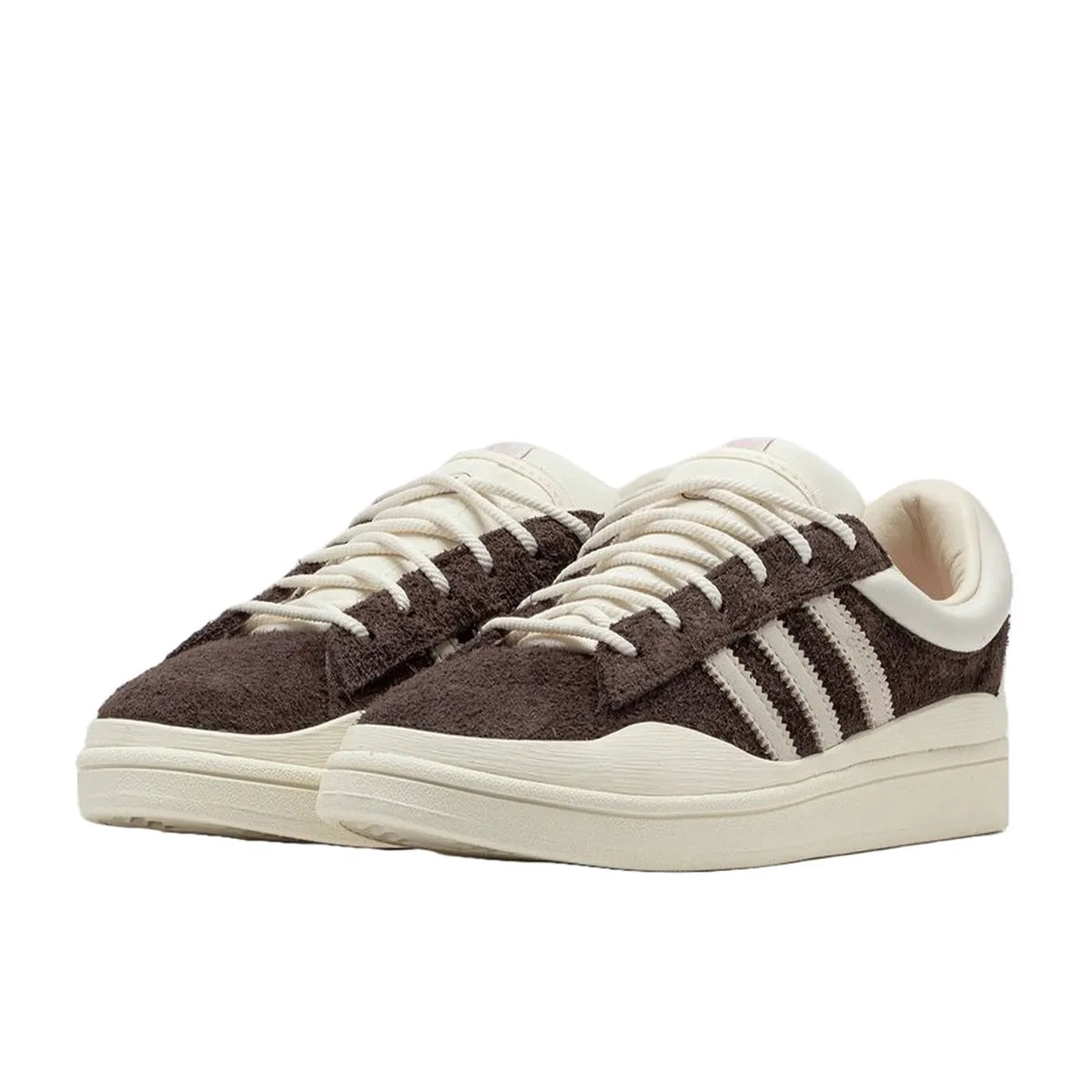 Adidas Campus Bad Bunny The Last Campus sneakers, front view, model ID2534, in brown with white and cream details.