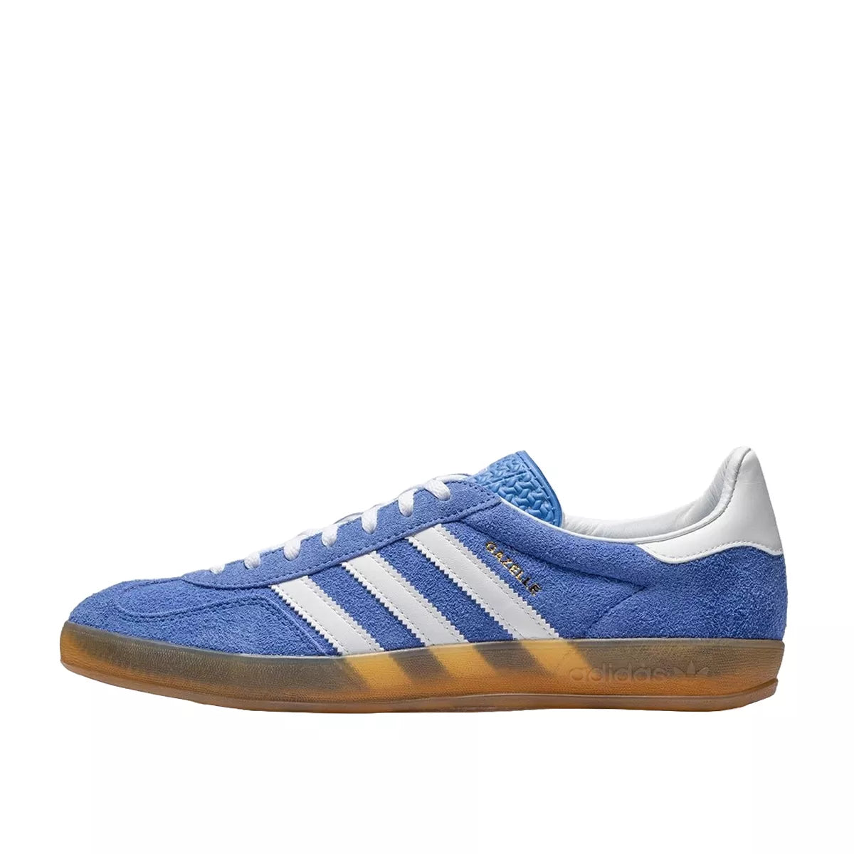 Adidas Gazelle Indoor sneakers, side view, model HQ8717, blue fusion with gum sole, women's.
