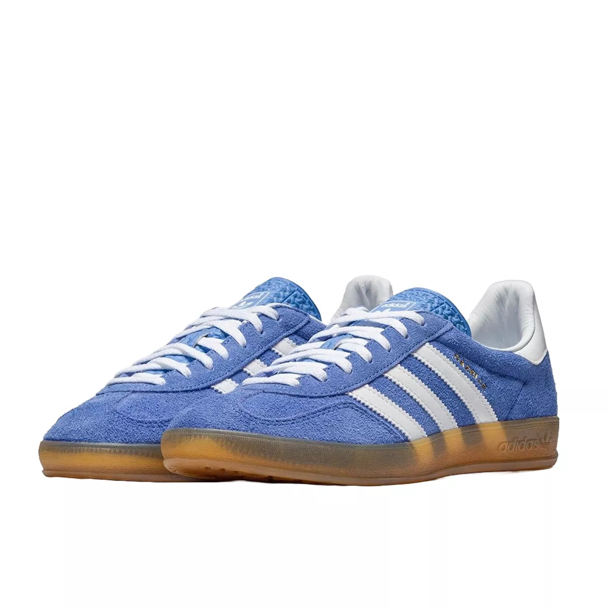 Adidas Gazelle Indoor sneakers, front view, model HQ8717-1, blue fusion with gum sole, women's.