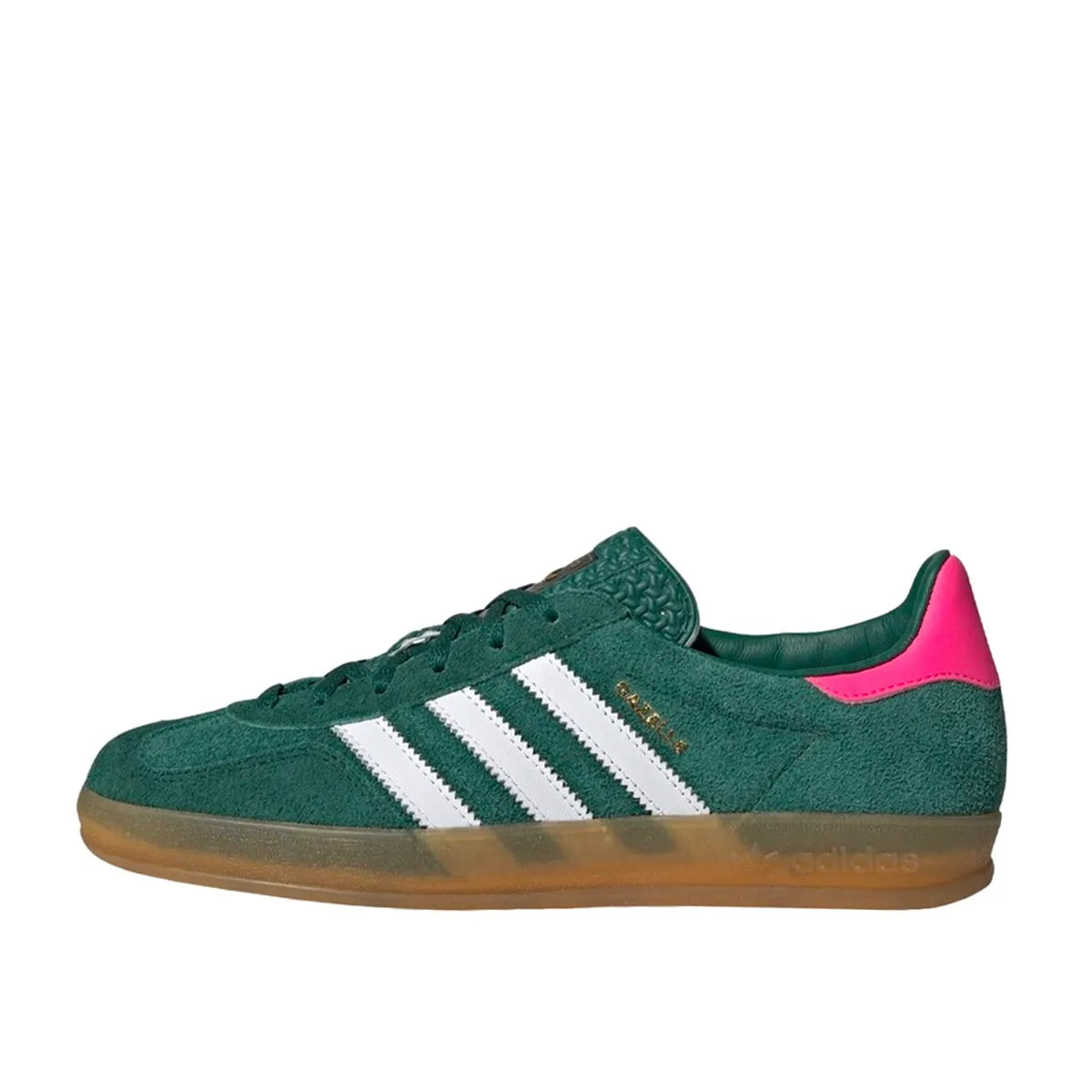 Adidas Gazelle Indoor sneakers, side view, model IG5929, collegiate green with lucid pink, gum sole.