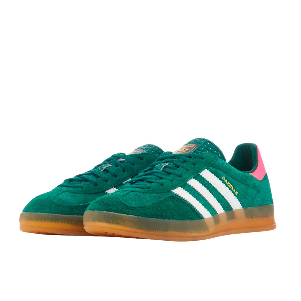 Adidas Gazelle Indoor sneakers, front view, model IG5929, collegiate green with lucid pink, gum sole.