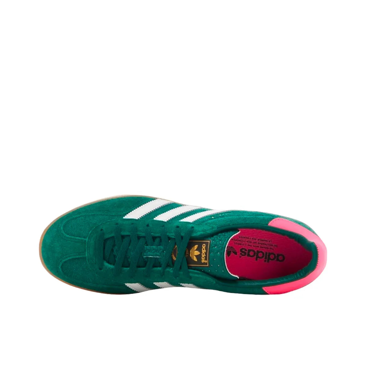 Adidas Gazelle Indoor sneakers, top view, model IG5929, collegiate green with lucid pink, gum sole.