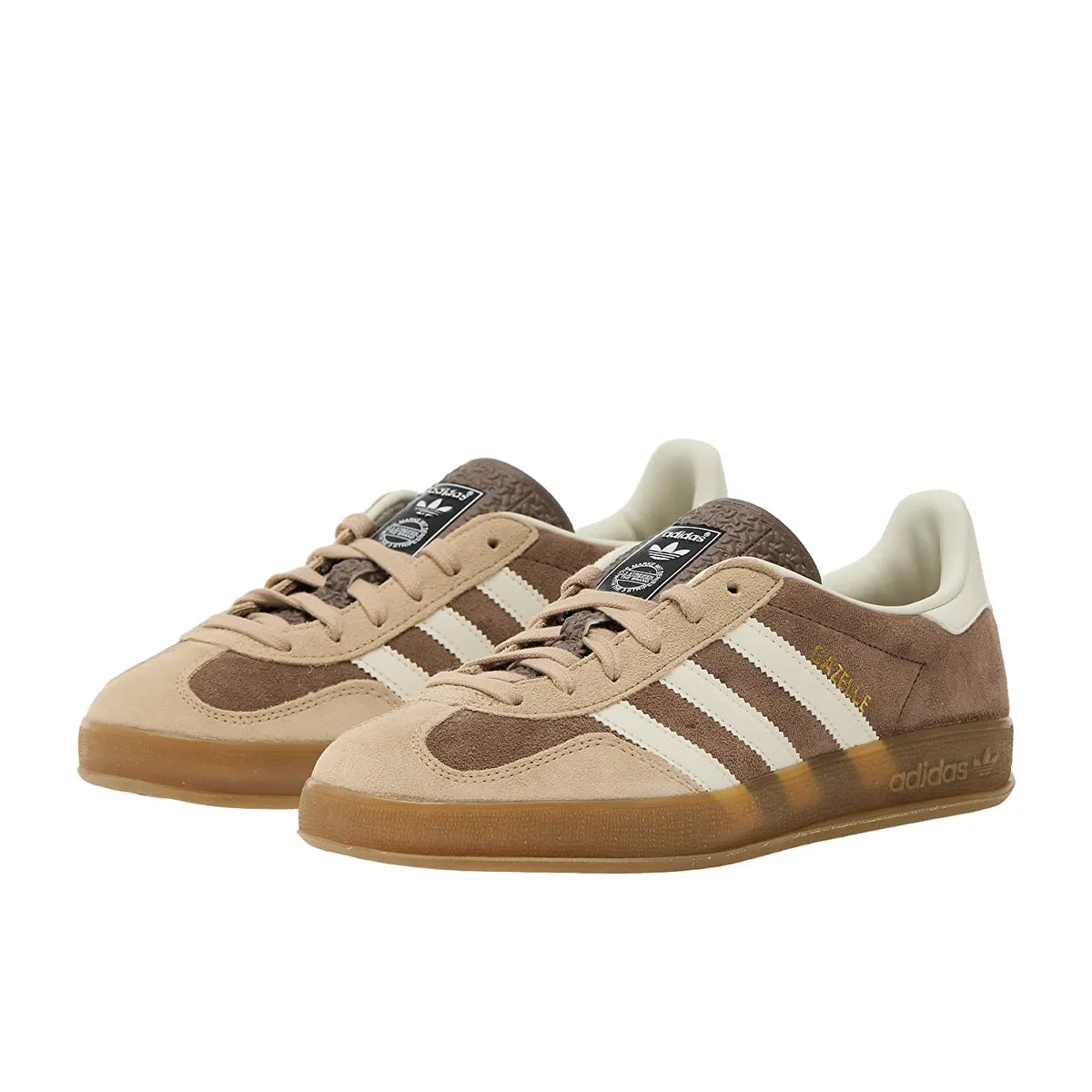 Adidas Gazelle Indoor sneakers, front view, model IF9646, in earth strata with magic beige details.