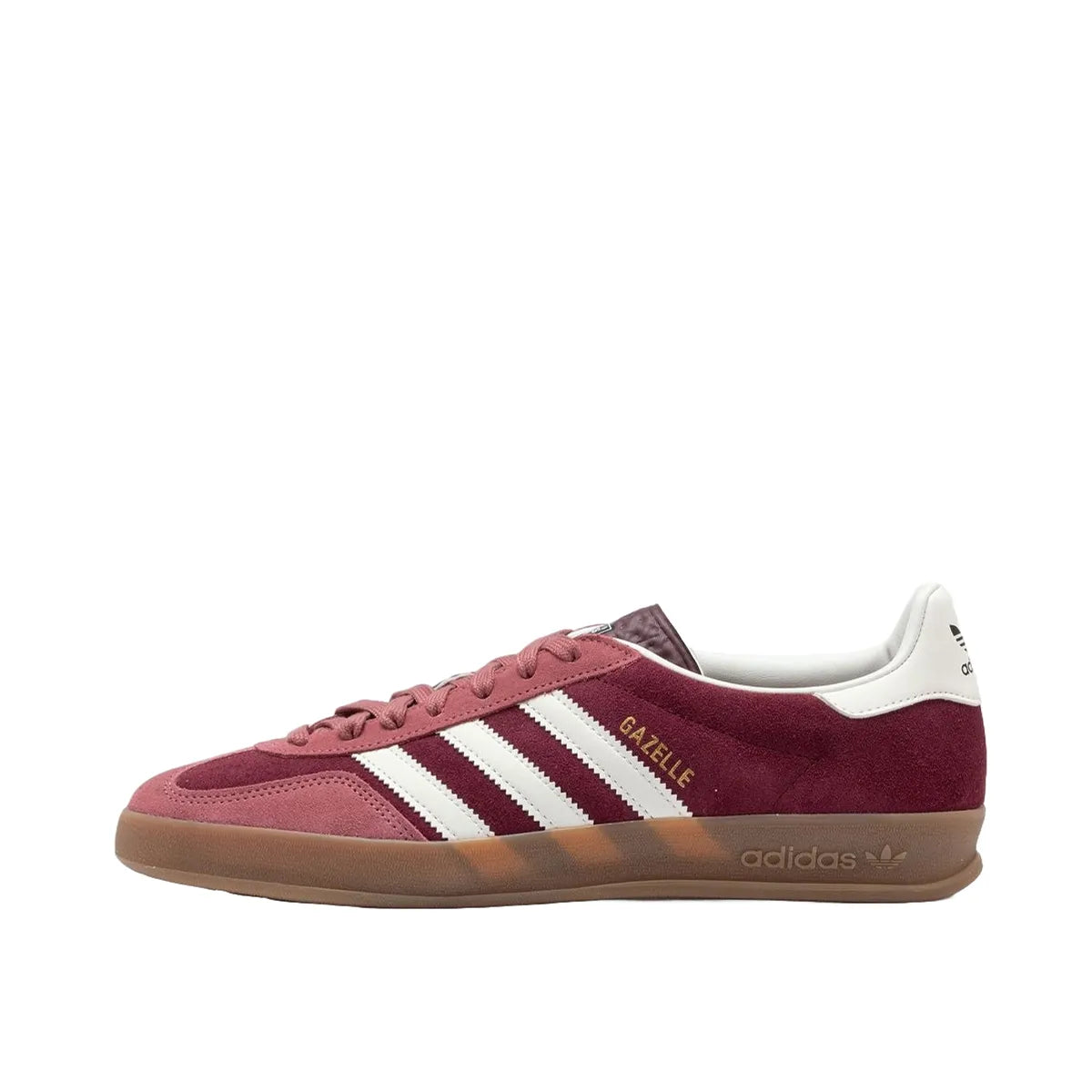 Adidas Gazelle Indoor Maroon sneakers, side view, model IF9647, featuring preloved crimson details.