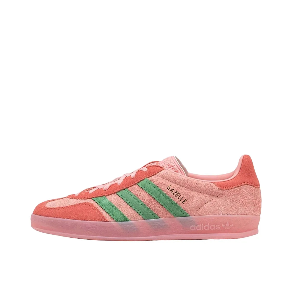 adidas Gazelle Indoor sneakers, side view, model IG6782 in semi pink spark and scarlet.