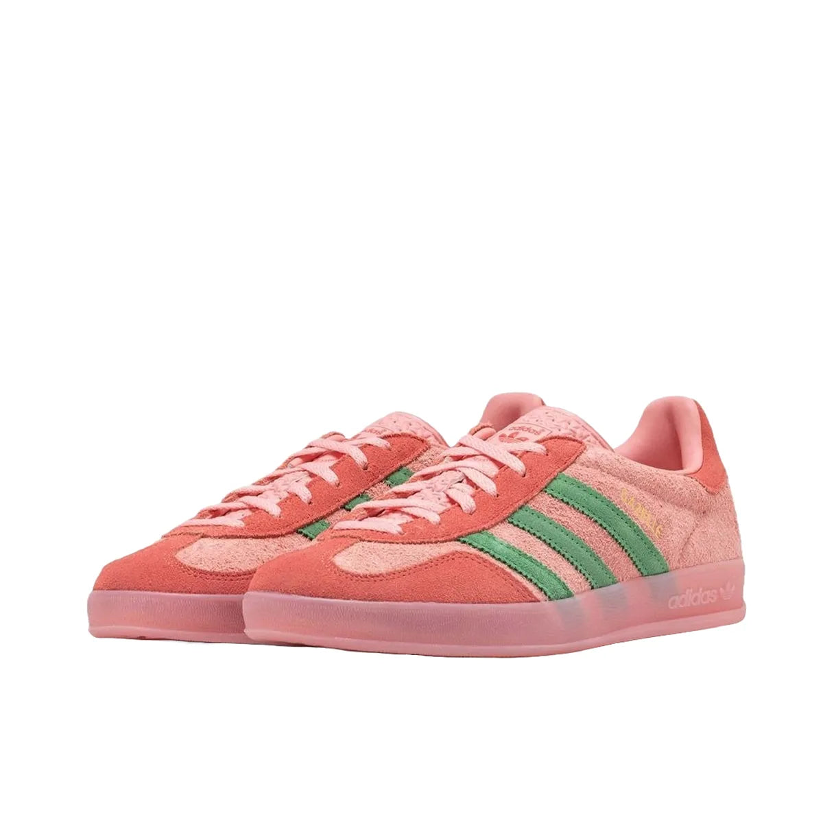 adidas Gazelle Indoor sneakers, front view, model IG6782 in semi pink spark and scarlet.