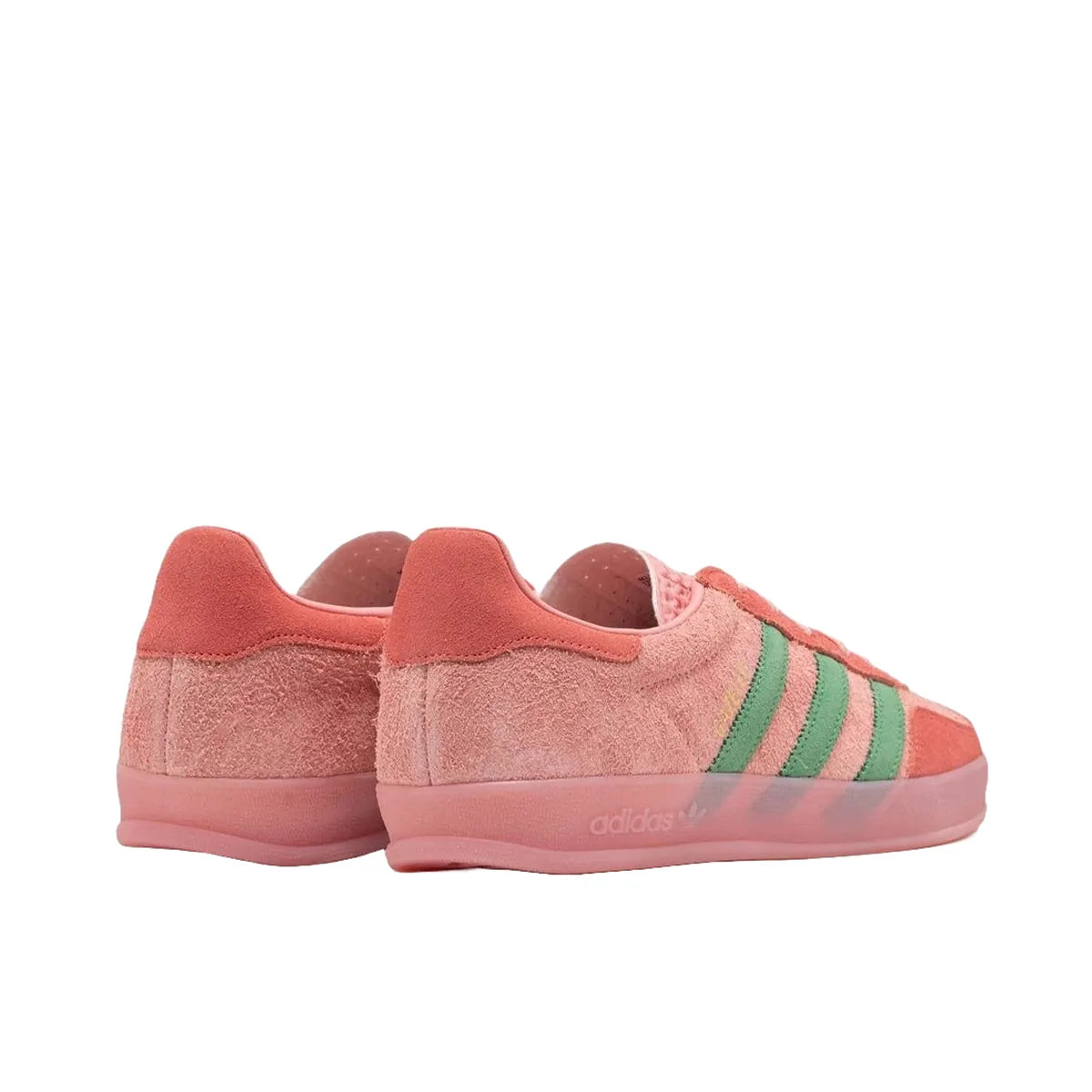 adidas Gazelle Indoor sneakers, back view, model IG6782 in semi pink spark and scarlet.