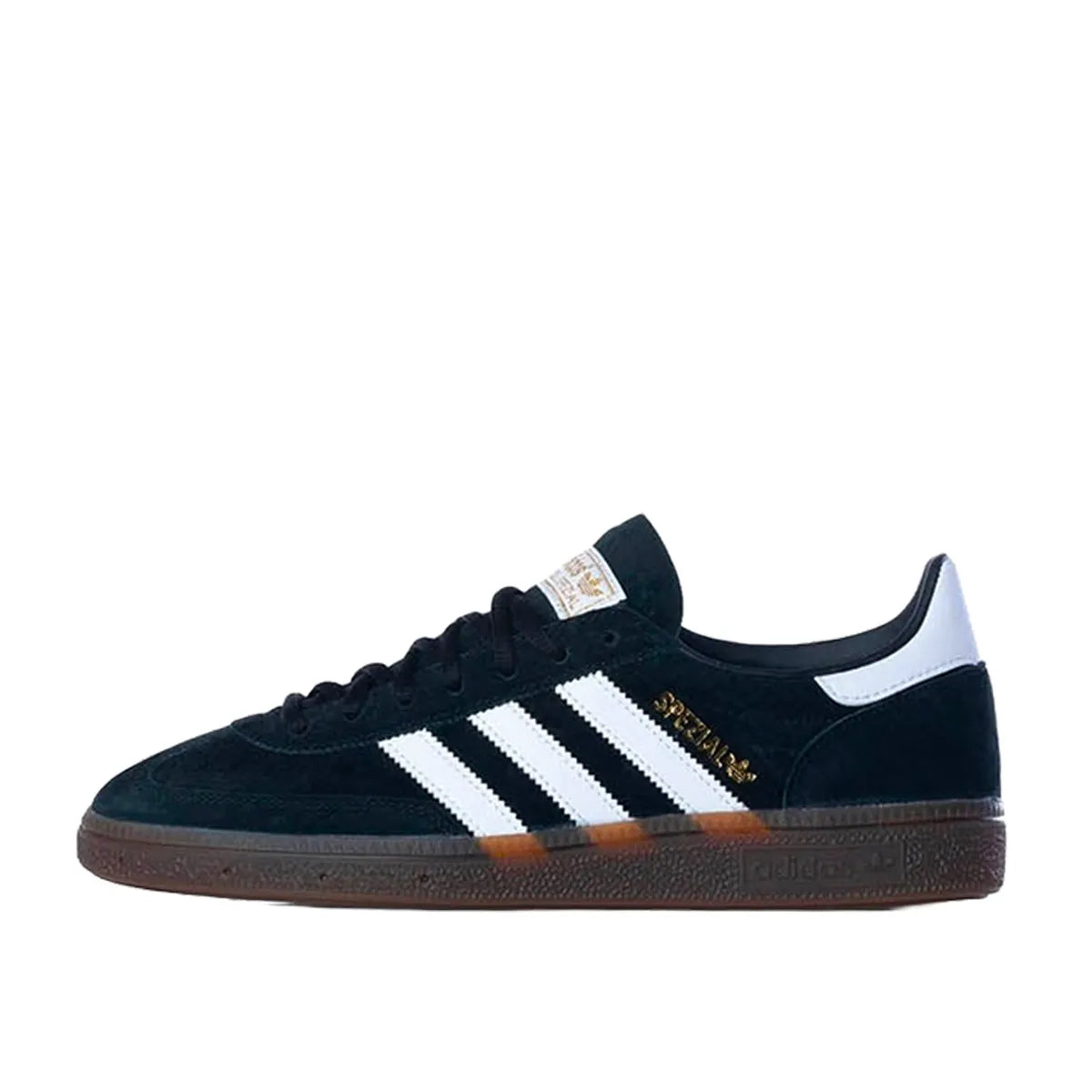 Adidas Handball Spezial sneakers, side view, model DB3021, black with gum sole.