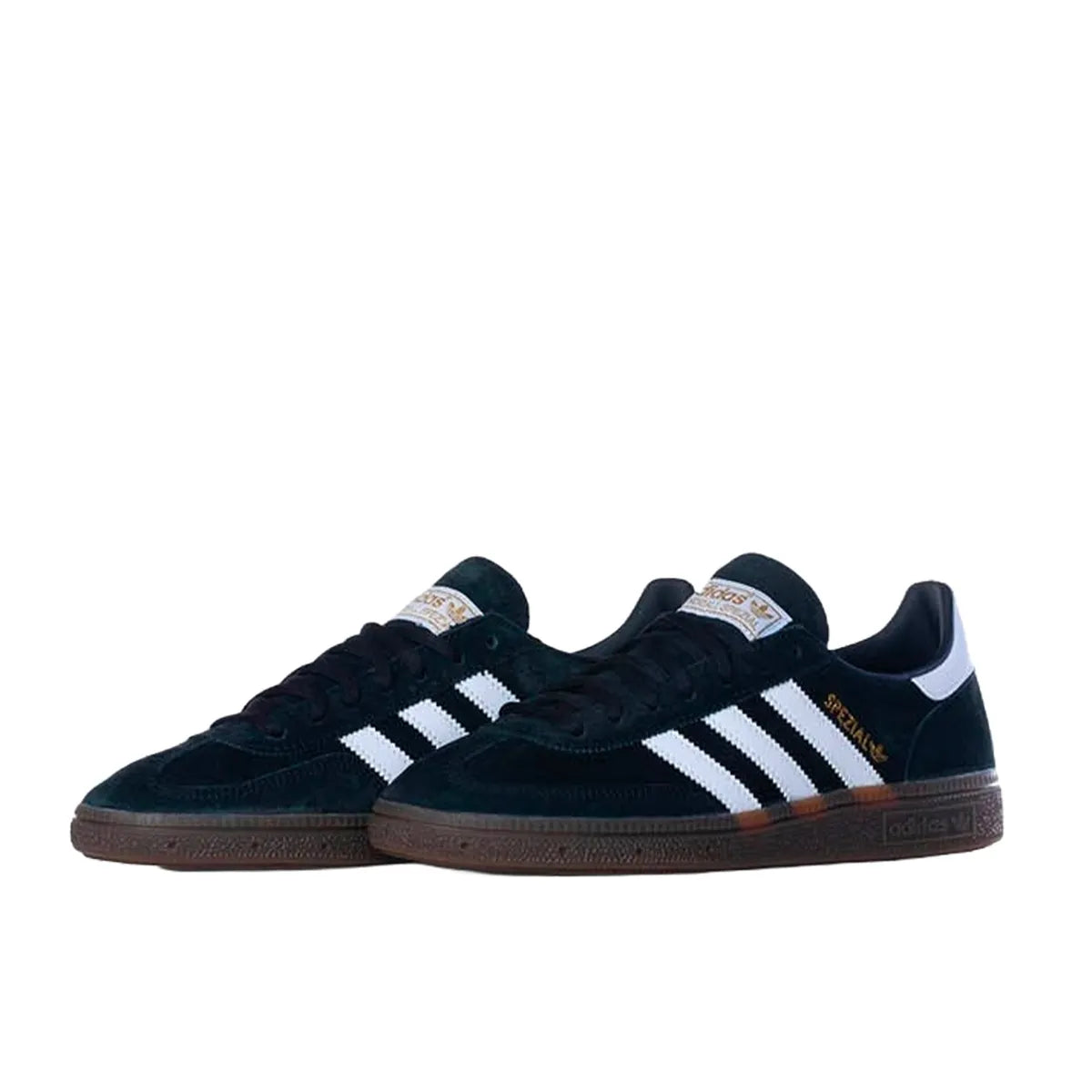 Adidas Handball Spezial sneakers, front view, model DB3021, black with gum sole.