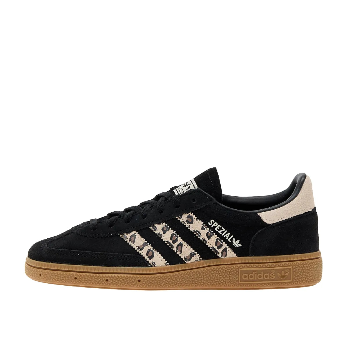 Adidas Handball Spezial Black Wonder Leopard Women's sneakers, side view, model JH9092, in black with leopard print details.