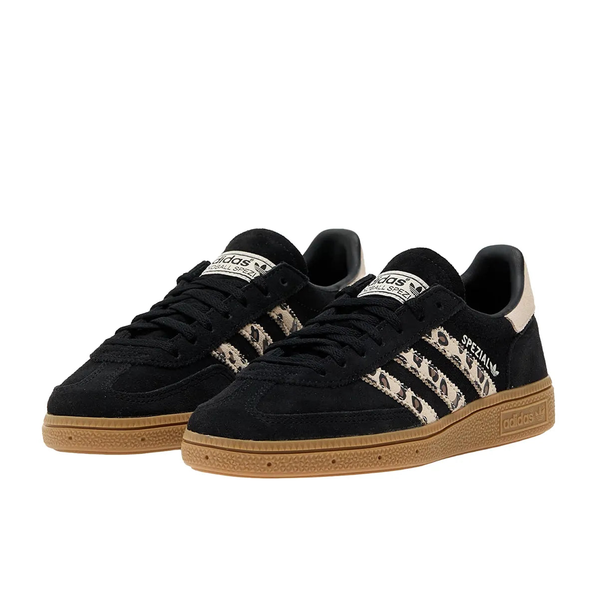 Adidas Handball Spezial Black Wonder Leopard Women's sneakers, front view, model JH9092, in black with leopard print details.