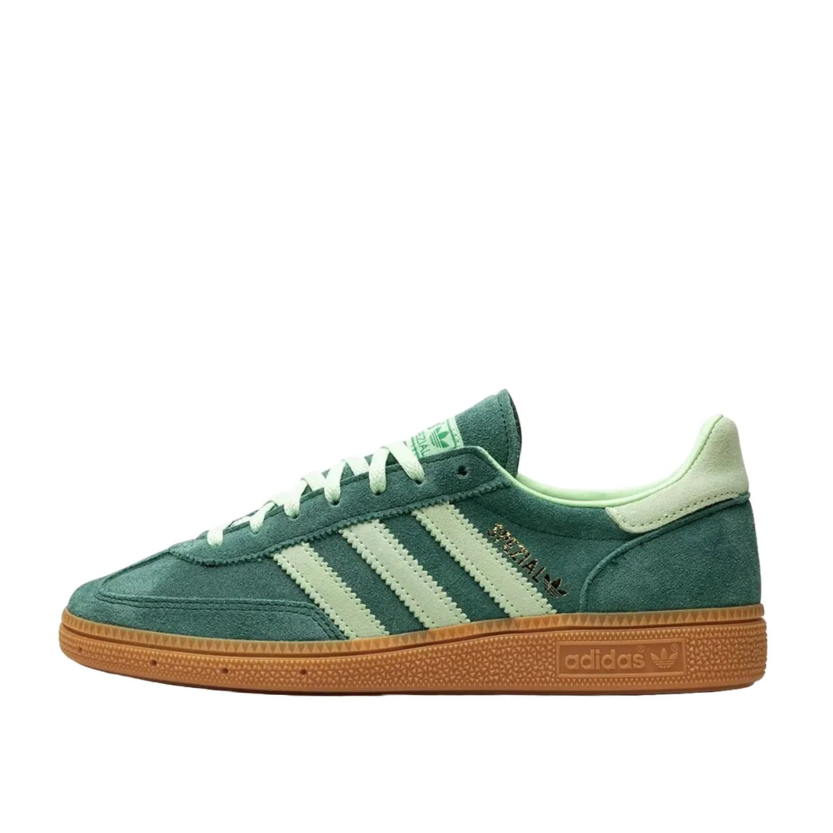 Adidas Handball Spezial Collegiate Green sneakers, side view, model IE5896, green with spark accents, gum sole.