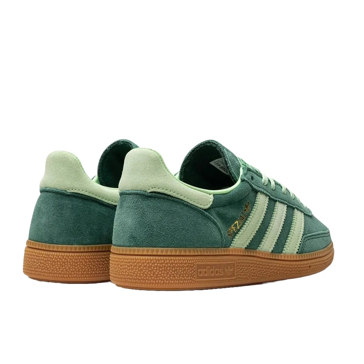 Adidas Handball Spezial Collegiate Green sneakers, back view, model IE5896, green with spark accents, gum sole.