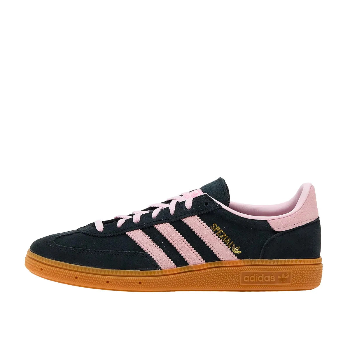 Adidas Handball Spezial sneakers, side view, model IE5897, black, pink, gum sole, women's.