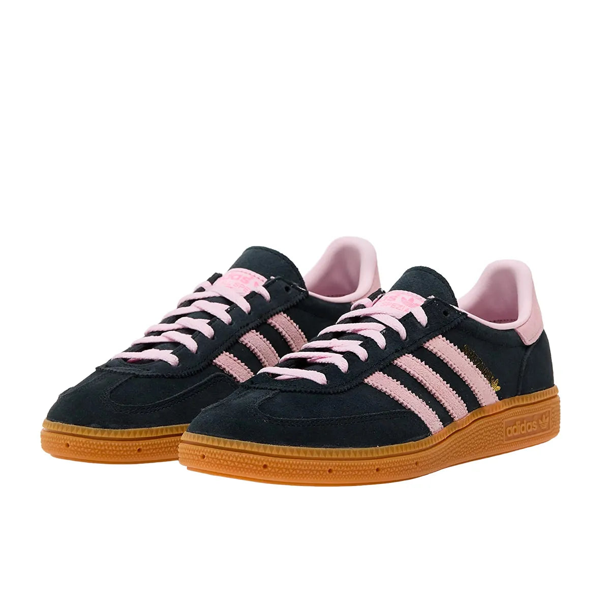 Adidas Handball Spezial sneakers, front view, model IE5897, black, pink, gum sole, women's.