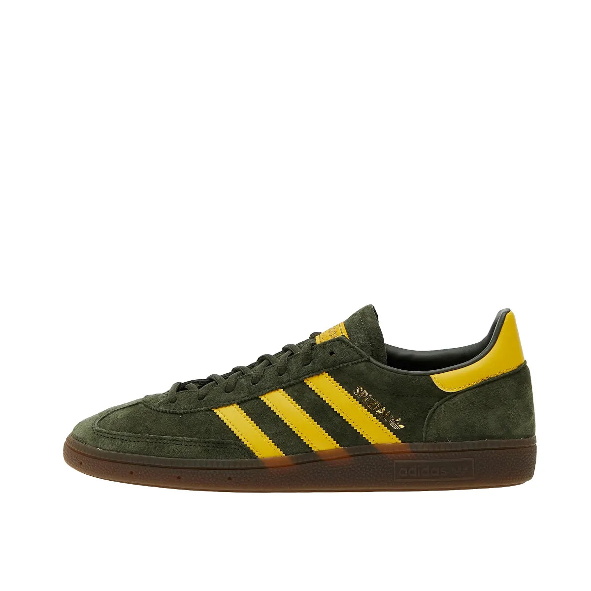 adidas Handball Spezial sneakers, side view, model EF5748 in night cargo with yellow accents.