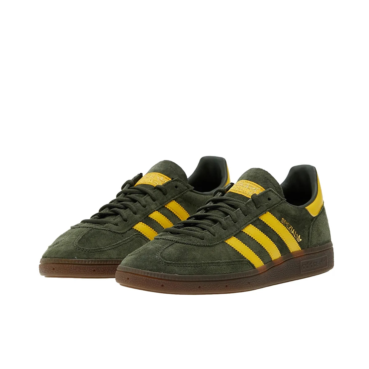 adidas Handball Spezial sneakers, front view, model EF5748 in night cargo with yellow accents.