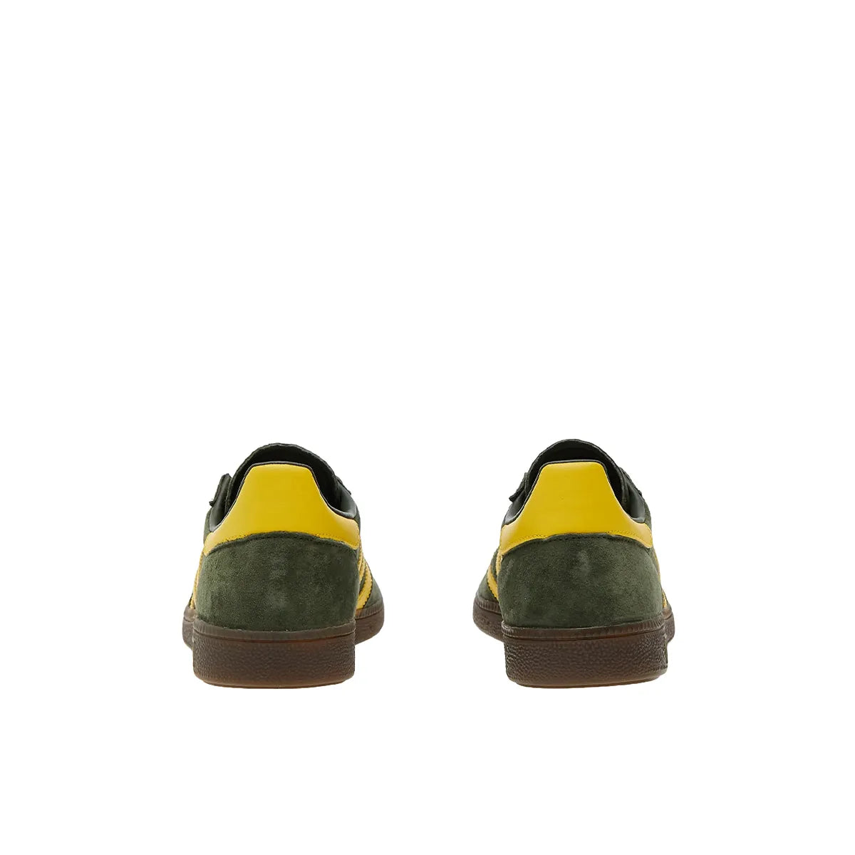 adidas Handball Spezial sneakers, back view, model EF5748 in night cargo with yellow accents.