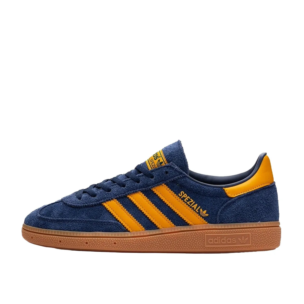 Adidas Handball Spezial sneakers, side view, model IF6565, in night indigo with yellow accents.