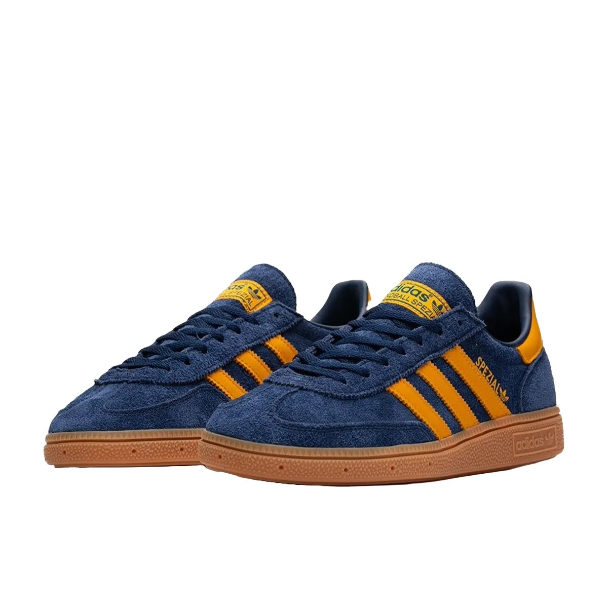 Adidas Handball Spezial sneakers, front view, model IF6565, in night indigo with yellow accents.