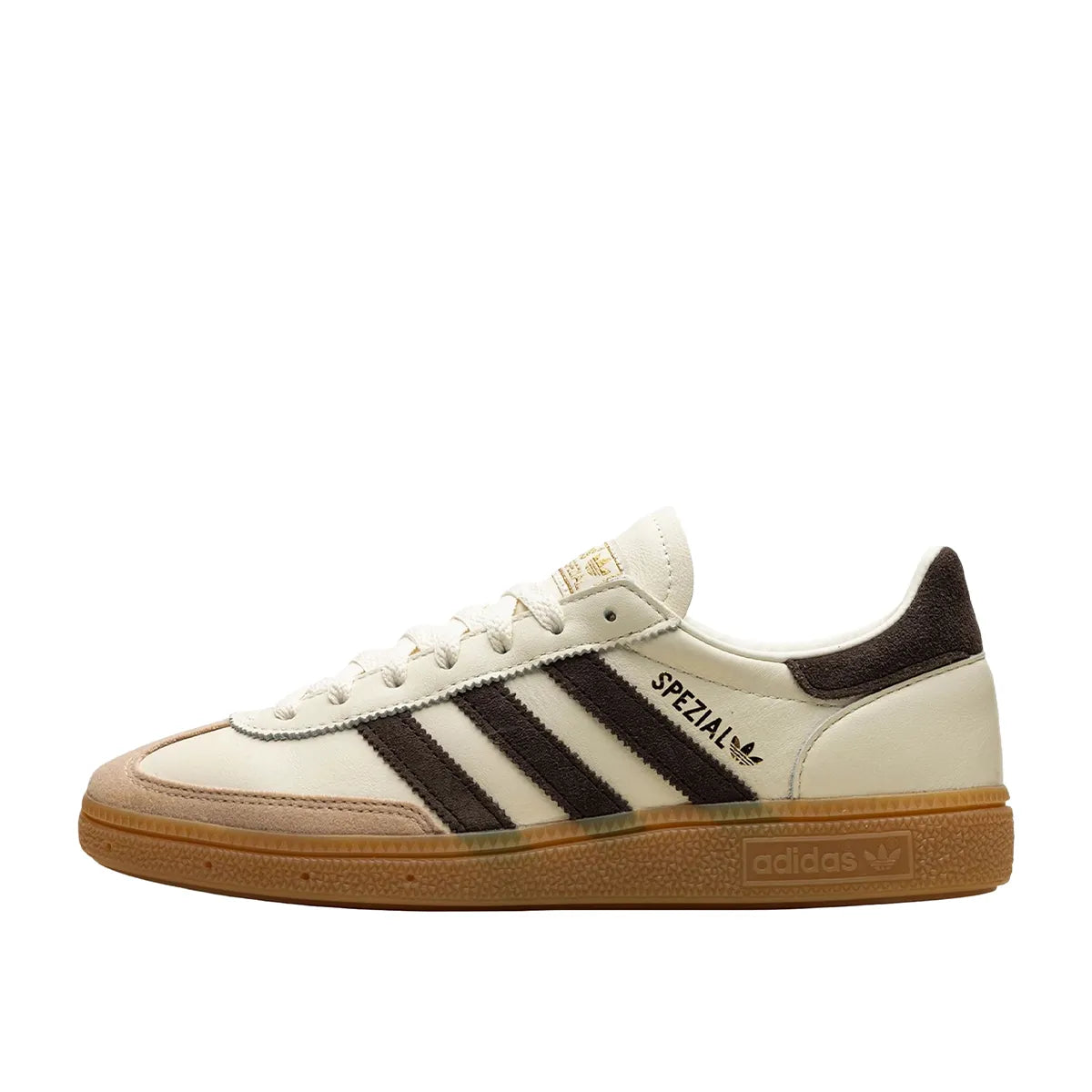 Adidas Handball Spezial sneakers, side view, model IE3709, in off-white with dark brown accents.