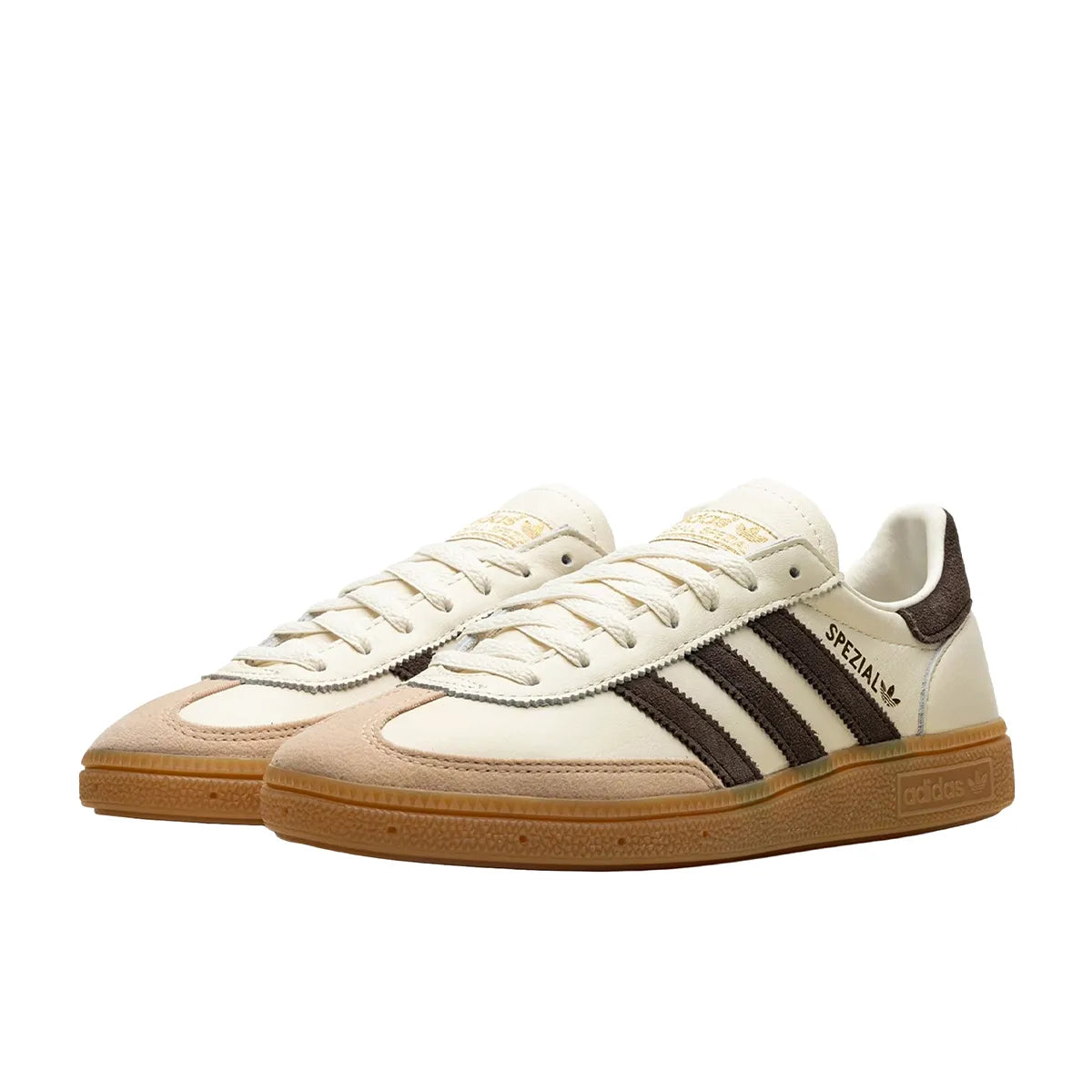 Adidas Handball Spezial sneakers, front view, model IE3709, in off-white with dark brown accents.