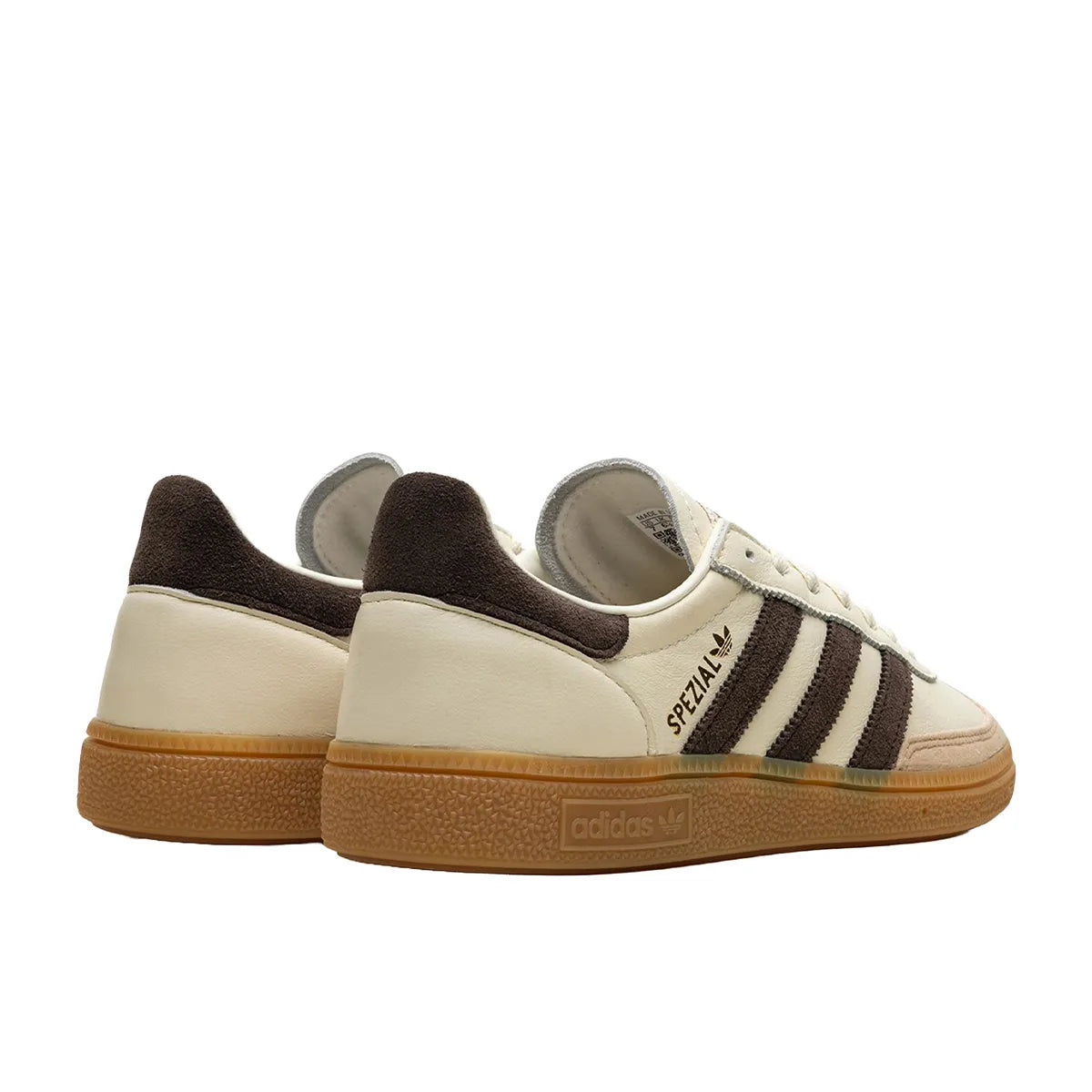 Adidas Handball Spezial sneakers, back view, model IE3709, in off-white with dark brown accents.