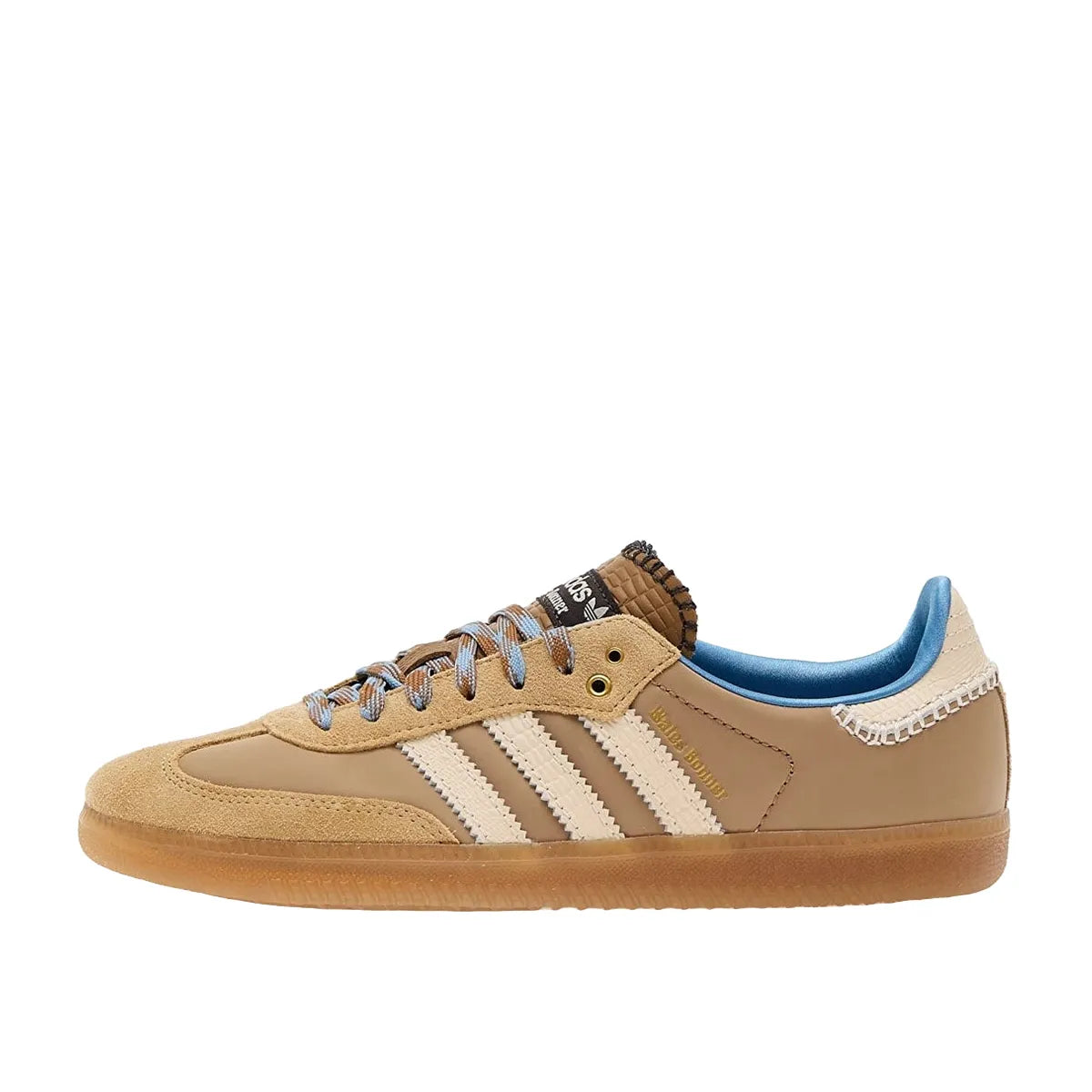 Adidas Samba Nylon Wales Bonner sneakers, side view, model IH3261, in desert white with blue details.