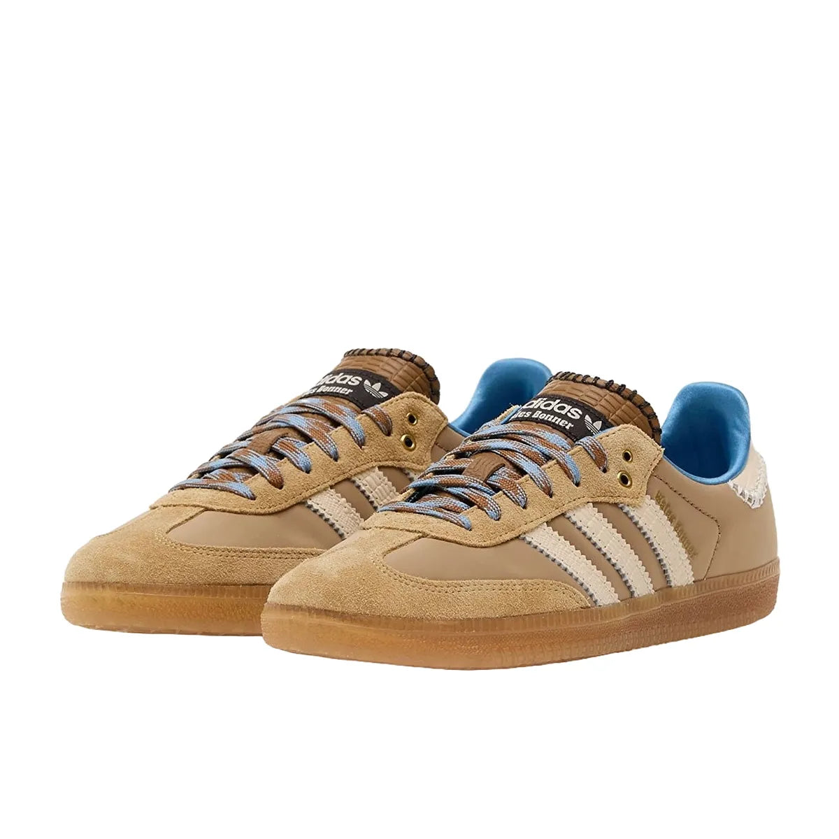 Adidas Samba Nylon Wales Bonner sneakers, front view, model IH3261, in desert white with blue details.