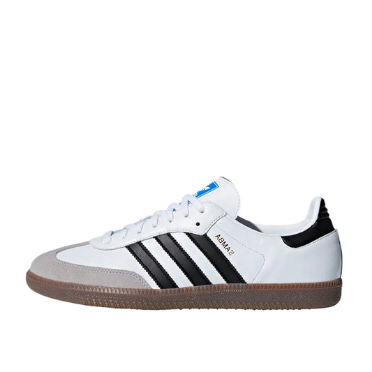 Adidas Samba OG sneakers, side view, model B75806, cloud white with core black accents, classic design.