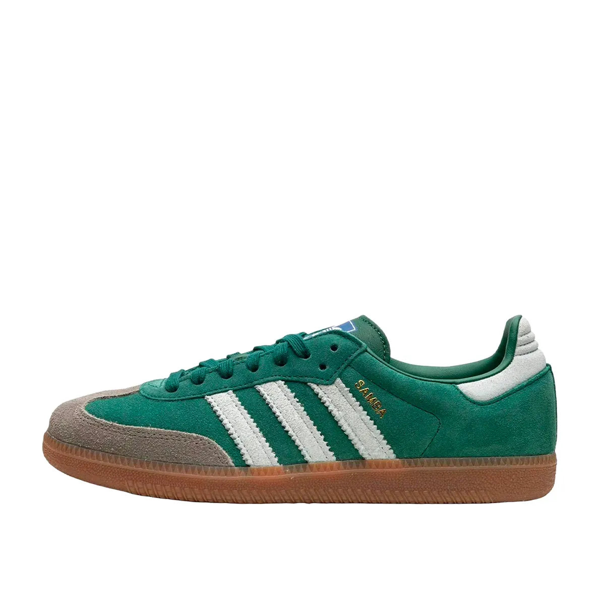 Adidas Samba OG sneakers, side view, model ID2054, collegiate green with gum sole and grey toe accents.