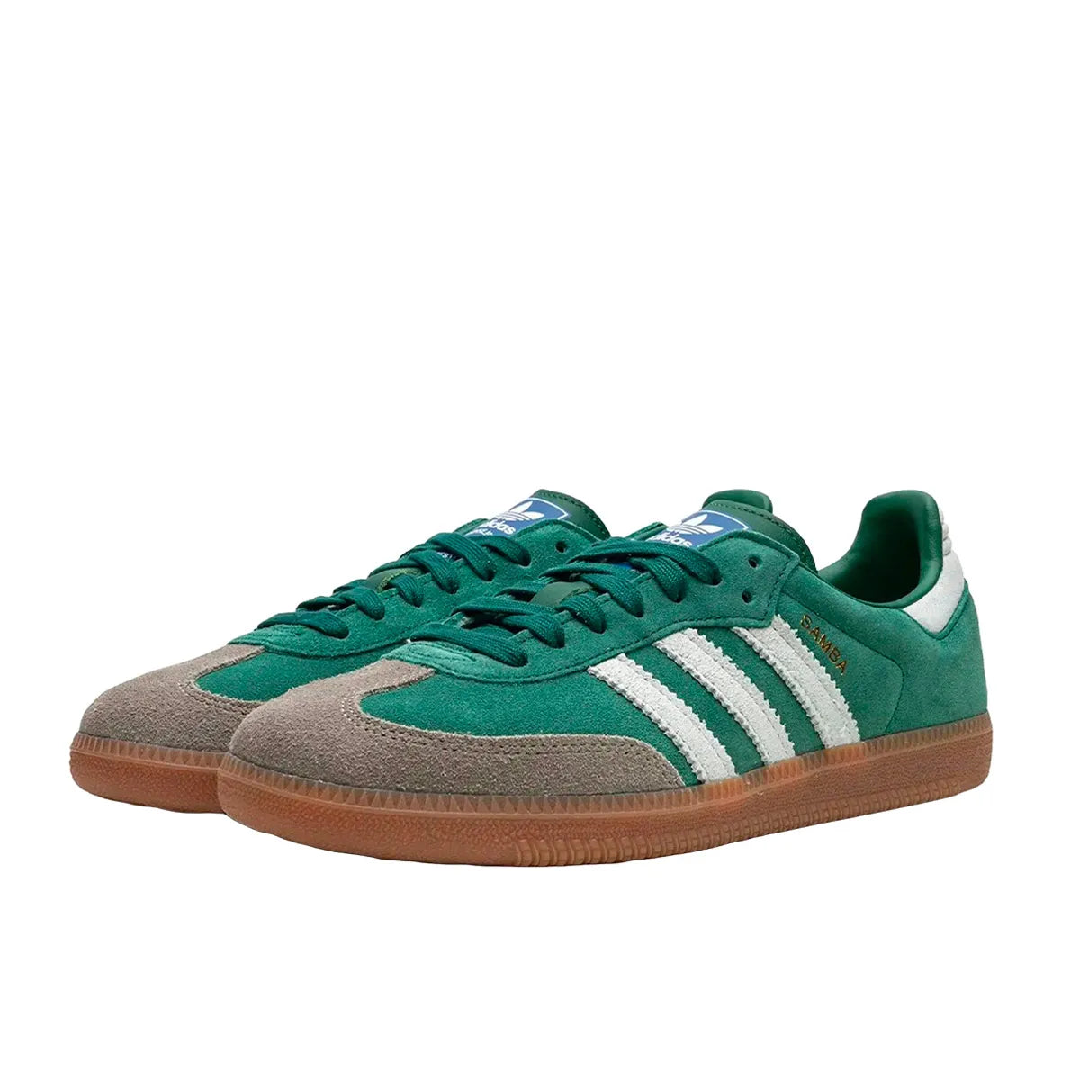 Adidas Samba OG sneakers, front view, model ID2054, collegiate green with gum sole and grey toe accents.