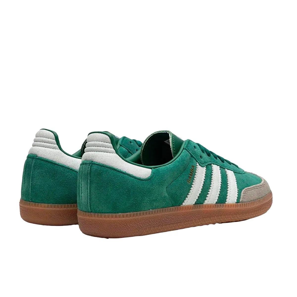 Adidas Samba OG sneakers, back view, model ID2054, collegiate green with gum sole and grey toe accents.