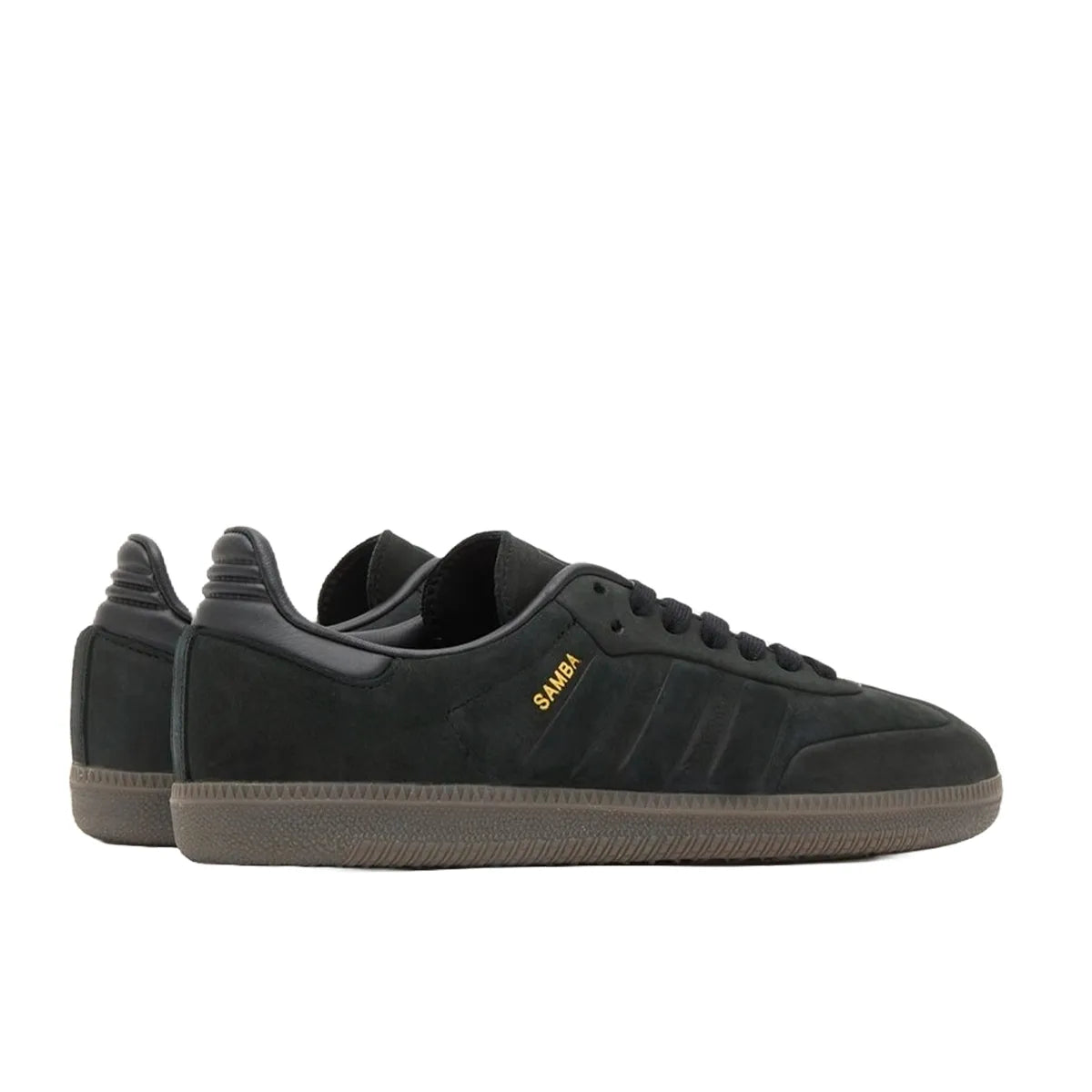 Adidas Samba OG Core Black sneakers, back view, model IG1237, classic black and gum sole.