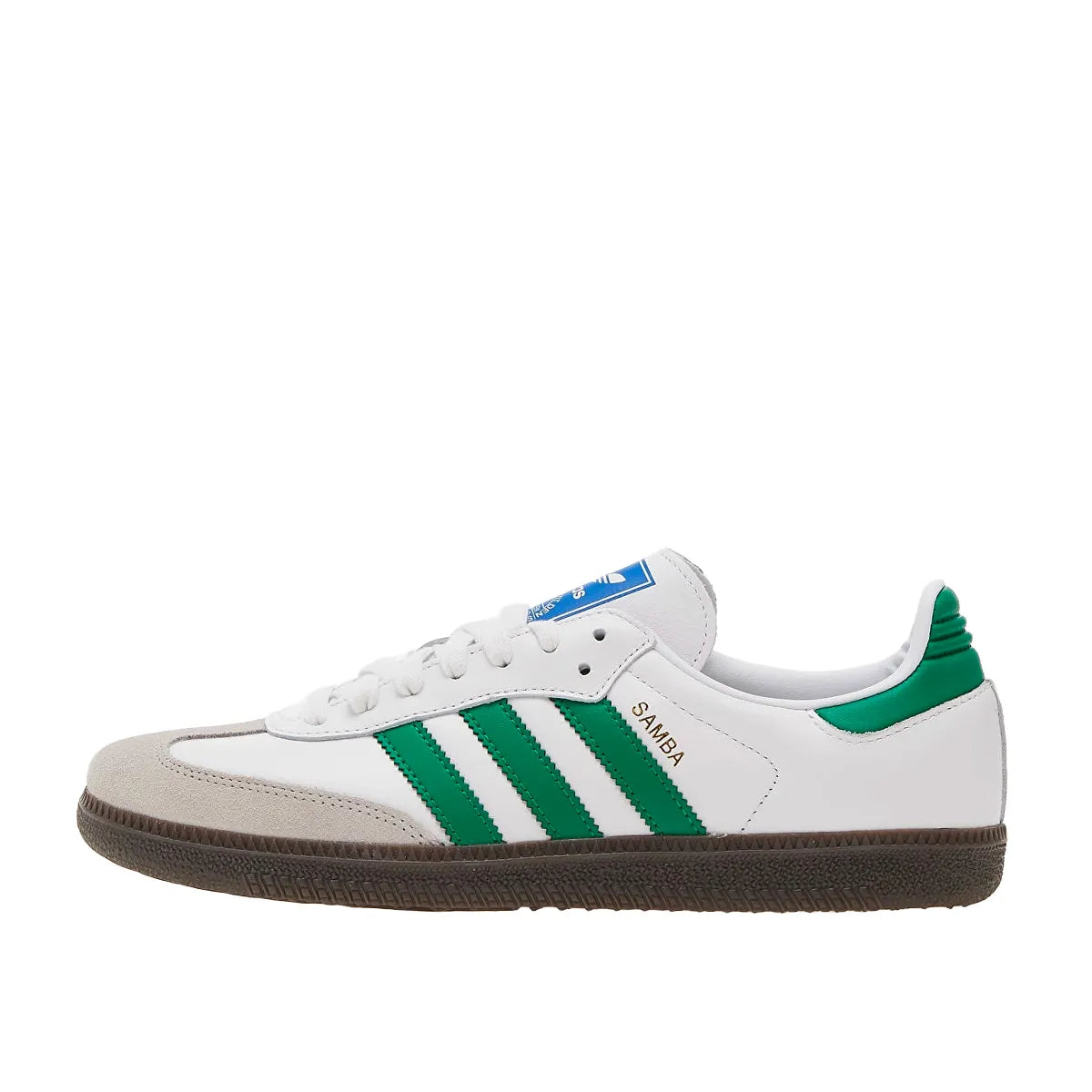 Adidas Samba OG white and green sneakers, side view, model IG1024, with white leather and green accents.