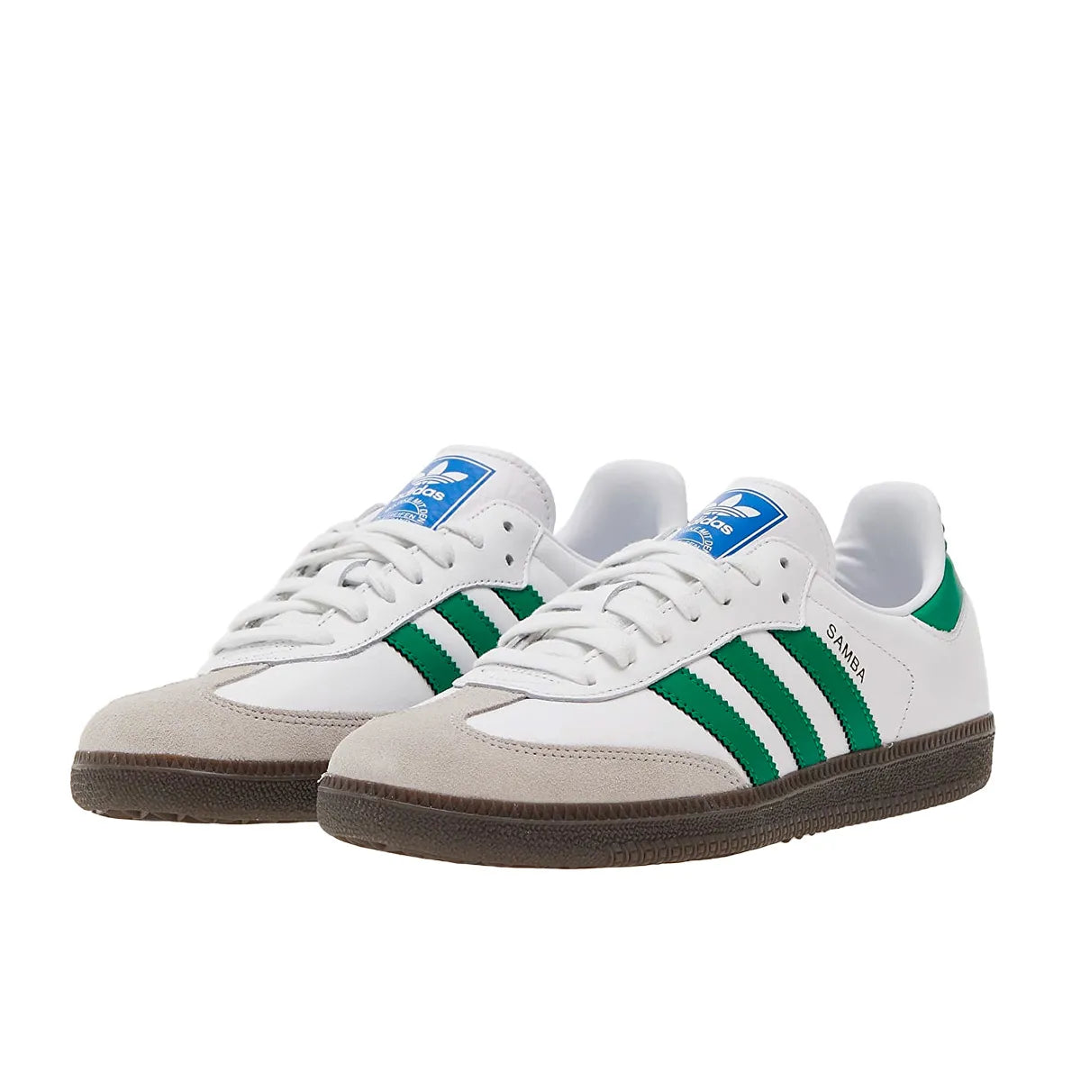 Adidas Samba OG white and green sneakers, front view, model IG1024, with white leather and green accents.