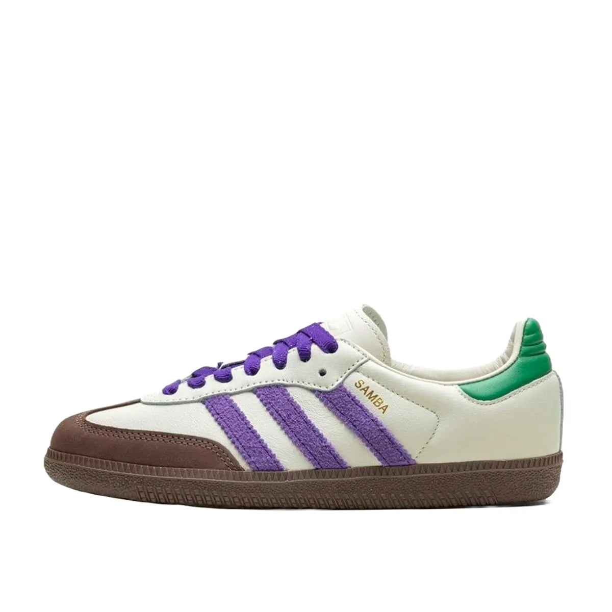 Adidas Samba OG sneakers, side view, model ID8349, off white with core purple, green, and brown accents.