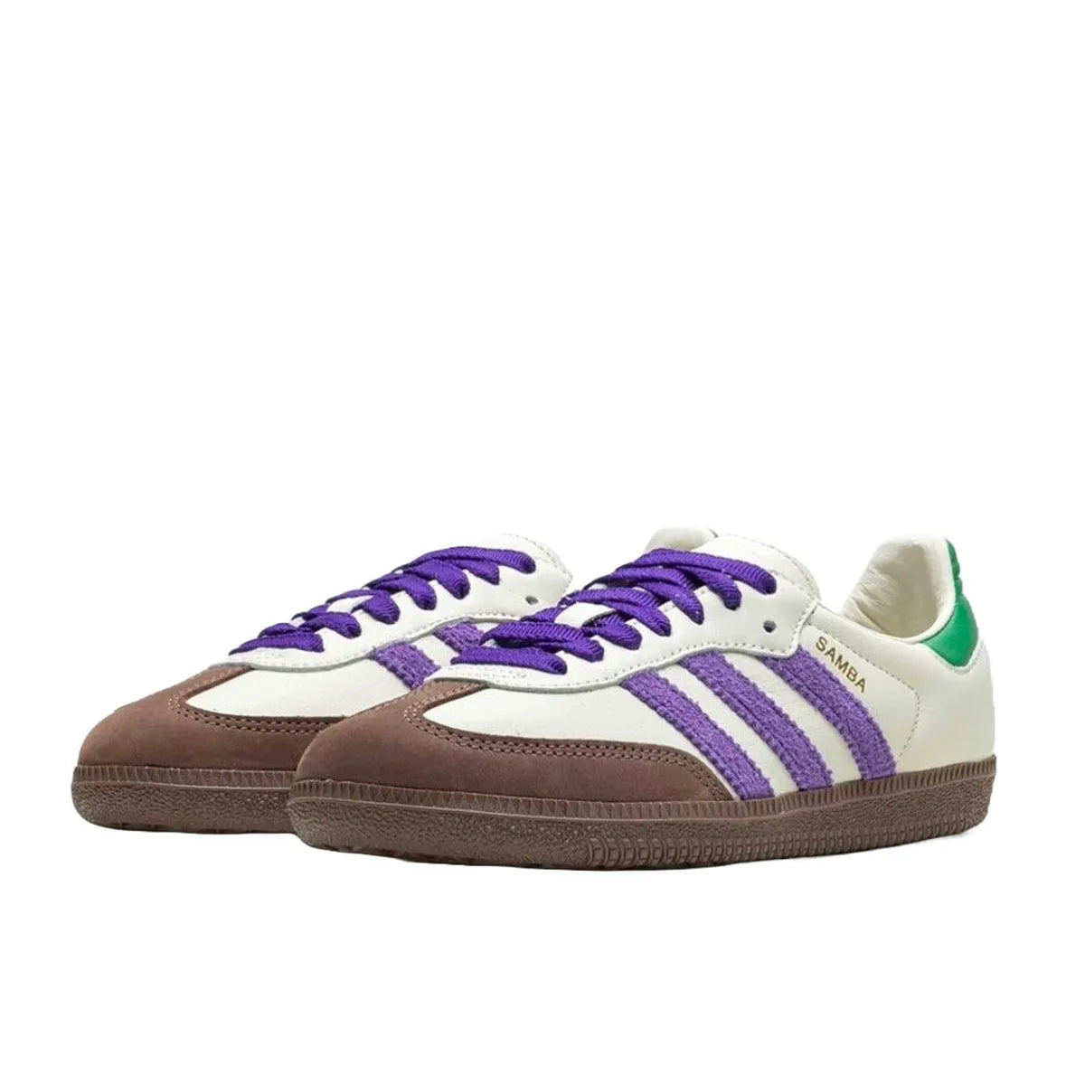 Adidas Samba OG sneakers, front view, model ID8349, off white with core purple, green, and brown accents.