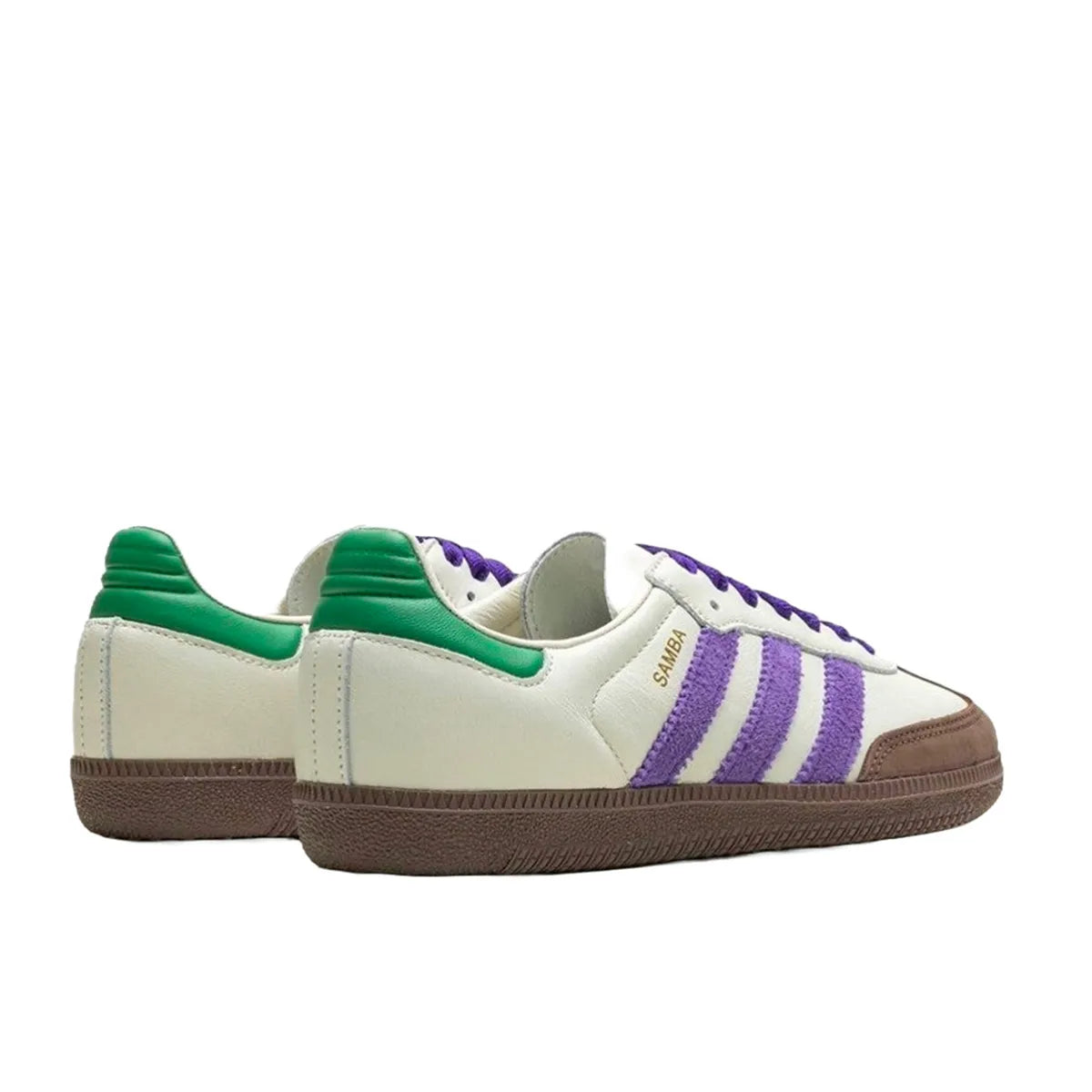 Adidas Samba OG sneakers, back view, model ID8349, off white with core purple, green, and brown accents.