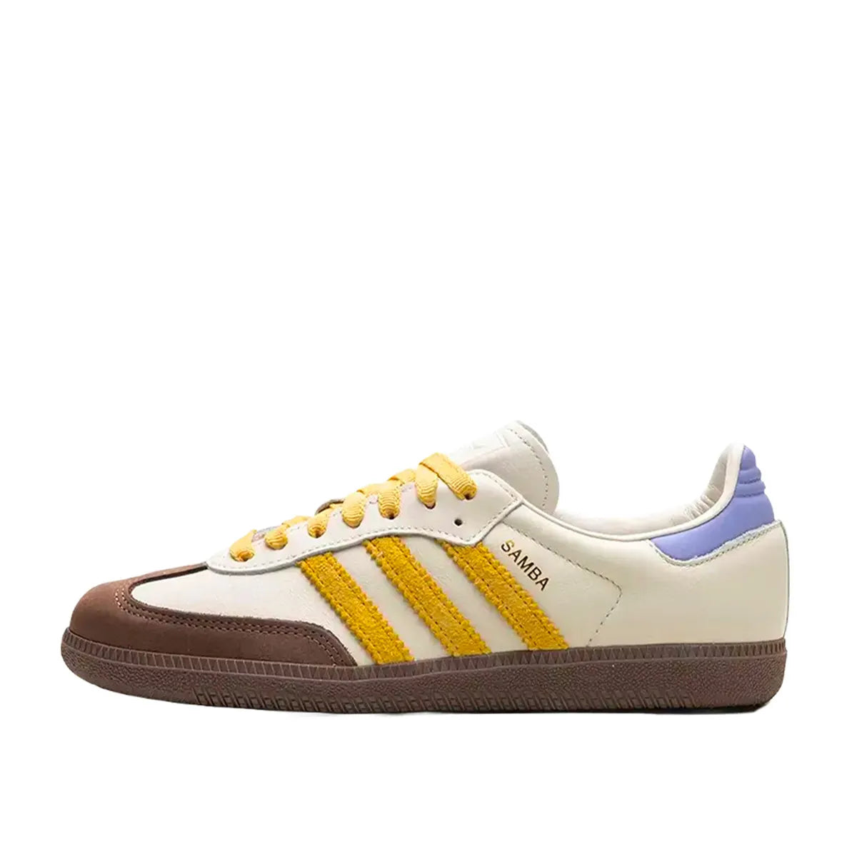 Adidas Samba OG sneakers, side view, model IE0875, off white with violet tones and yellow suede accents.