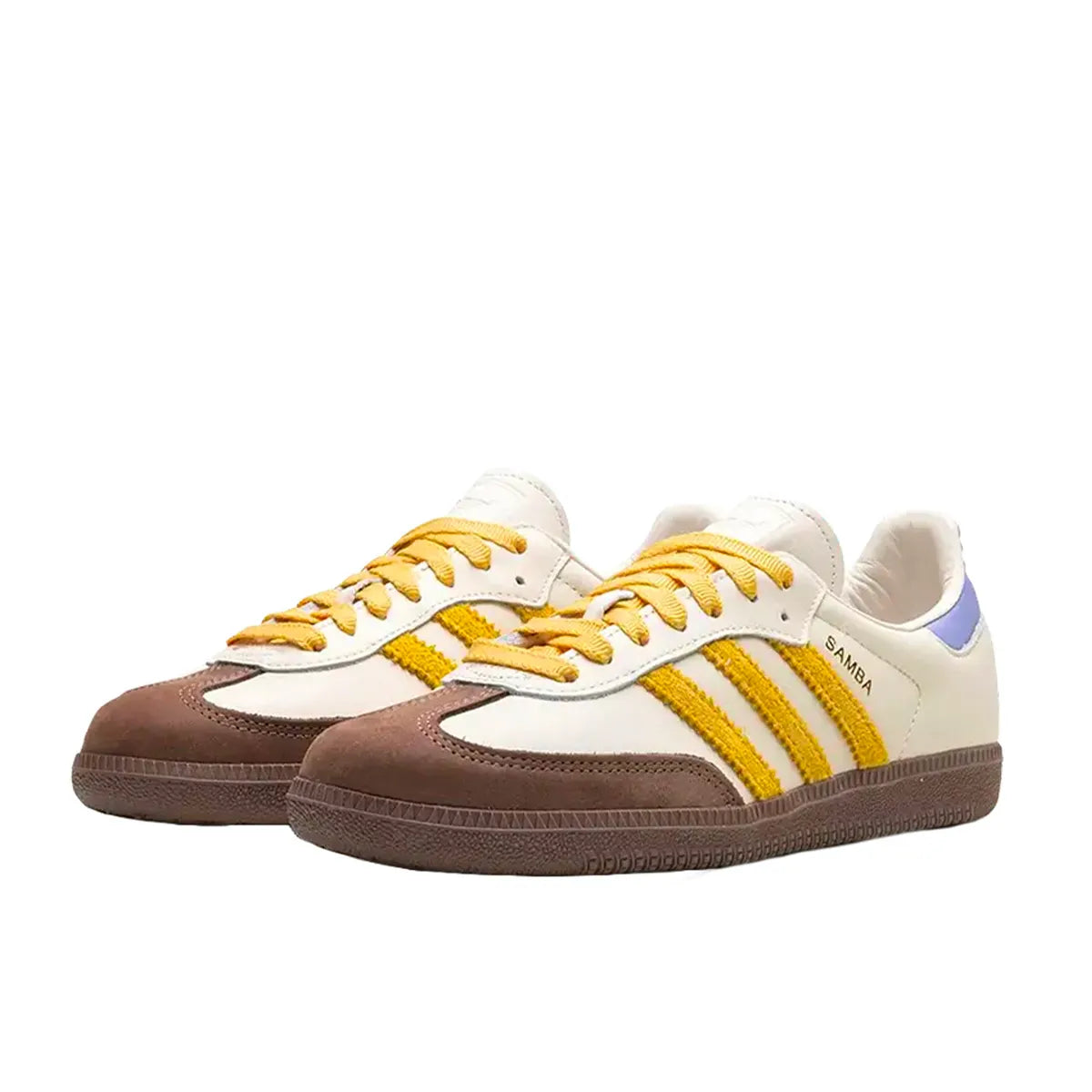 Adidas Samba OG sneakers, front view, model IE0875, off white with violet tones and yellow suede accents.