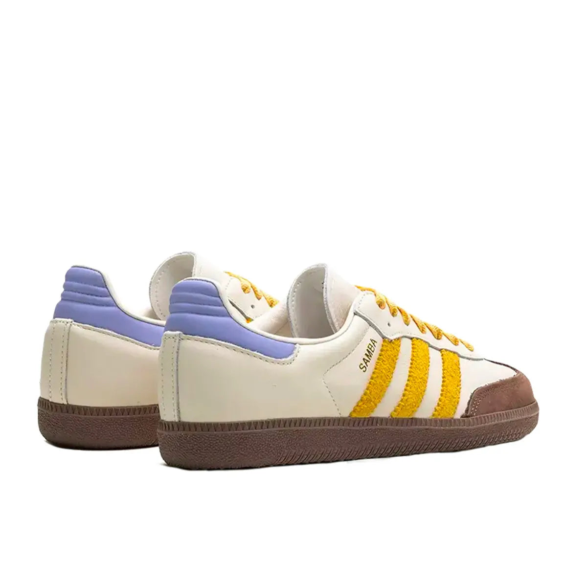 Adidas Samba OG sneakers, back view, model IE0875, off white with violet tones and yellow suede accents.